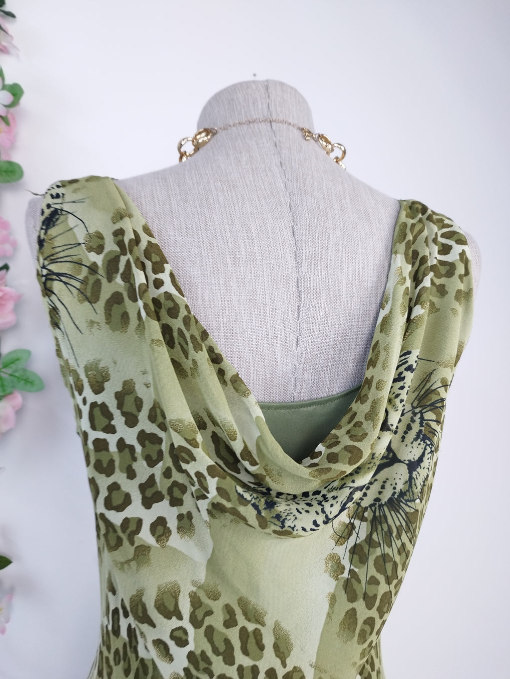 Olive leopard Y2K maxi dress — Vintage 2000s draped slip boho