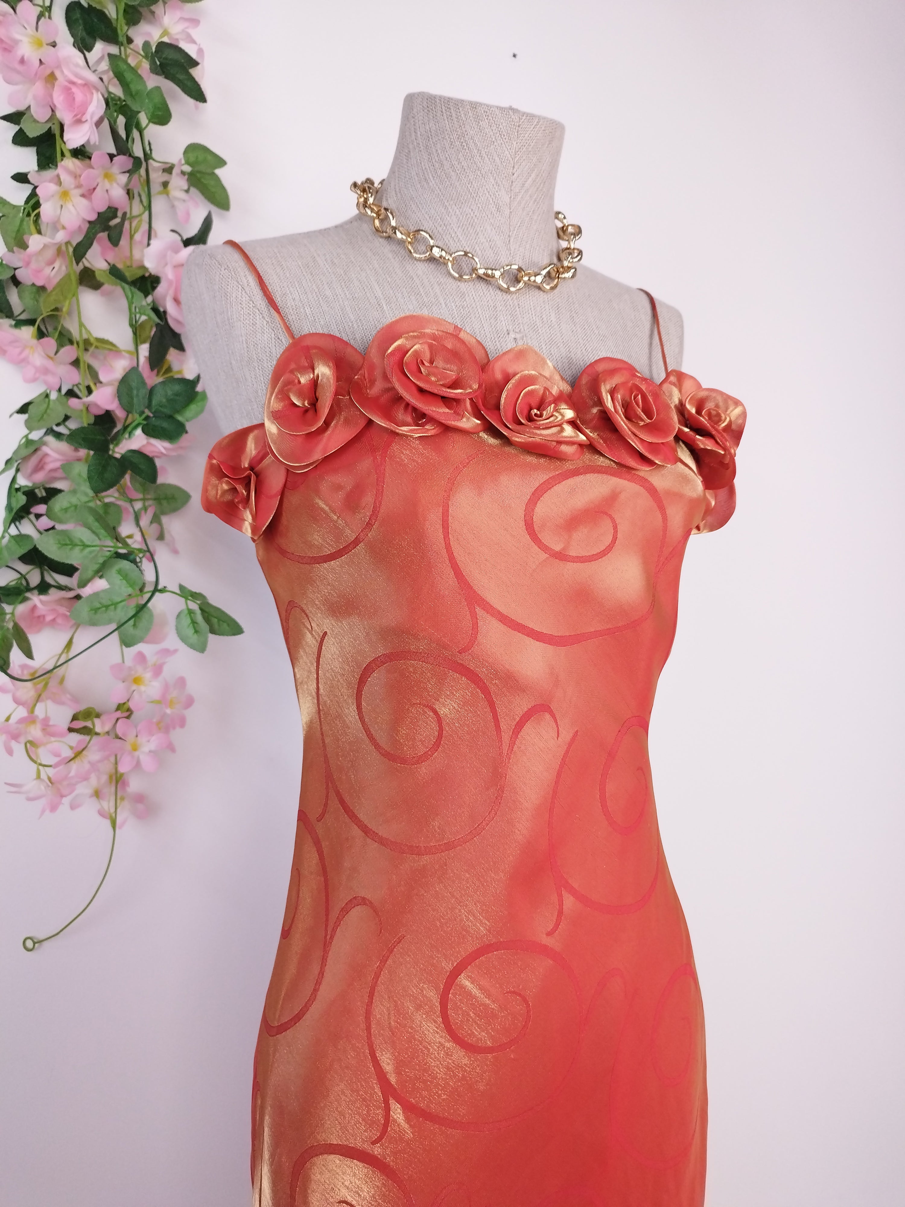 2000s iridescent coral satin gown — 3D roses, adjustable straps