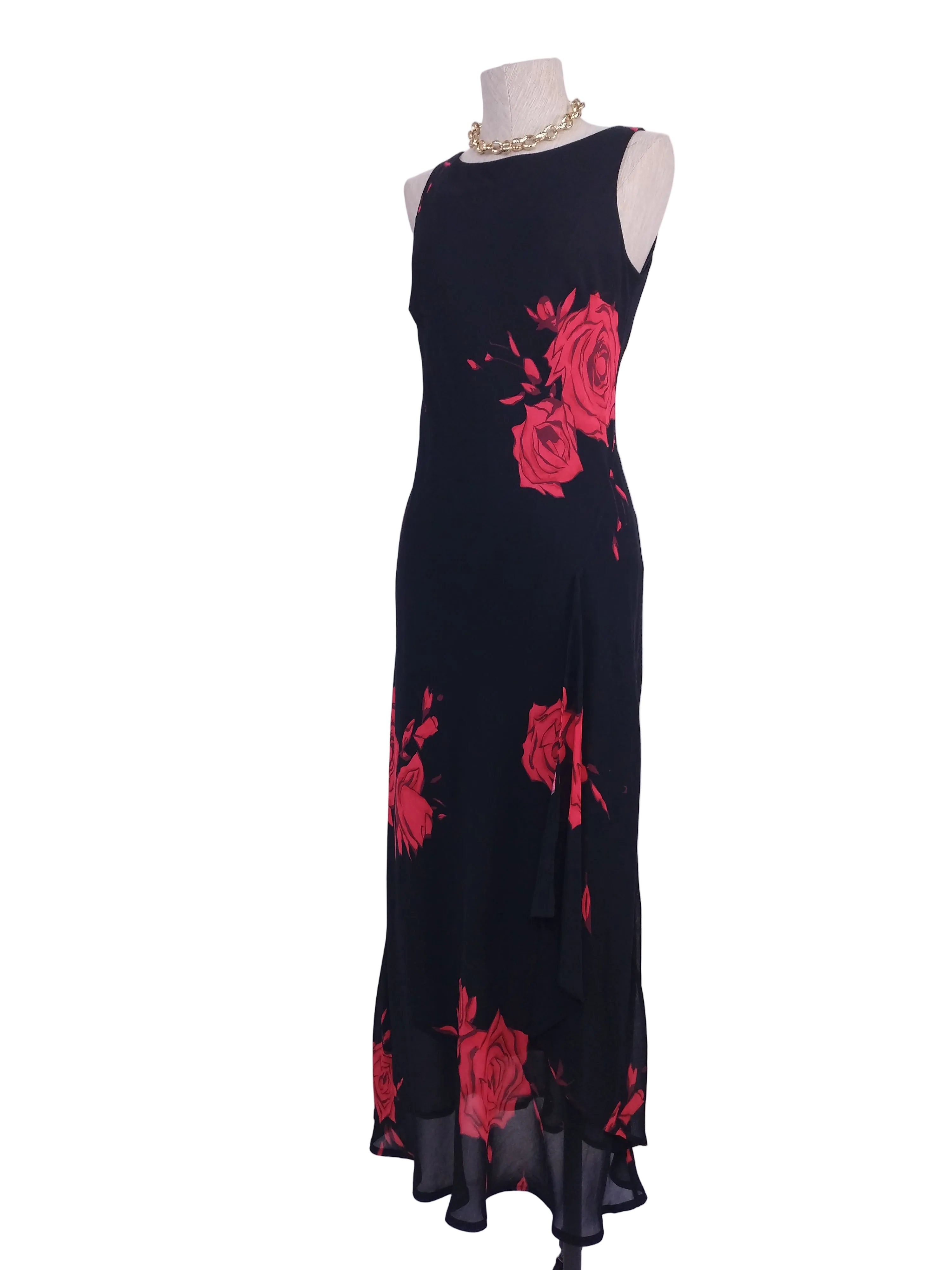 Y2K black chiffon maxi — Bold red roses, asymmetrical sheer hem