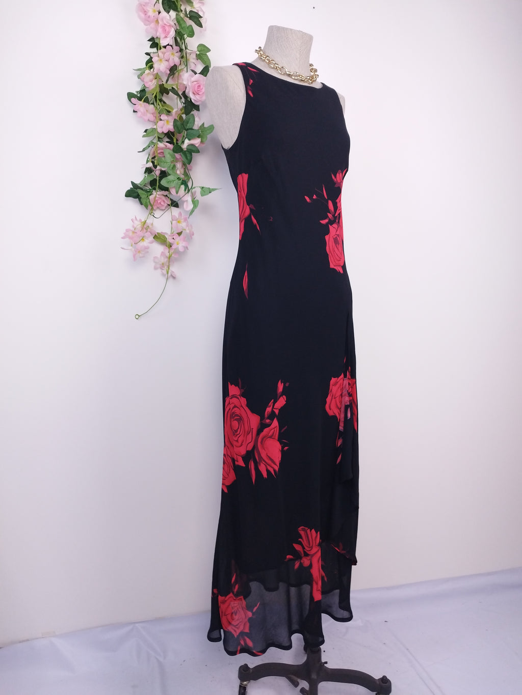Y2K black chiffon maxi — Bold red roses, asymmetrical sheer hem