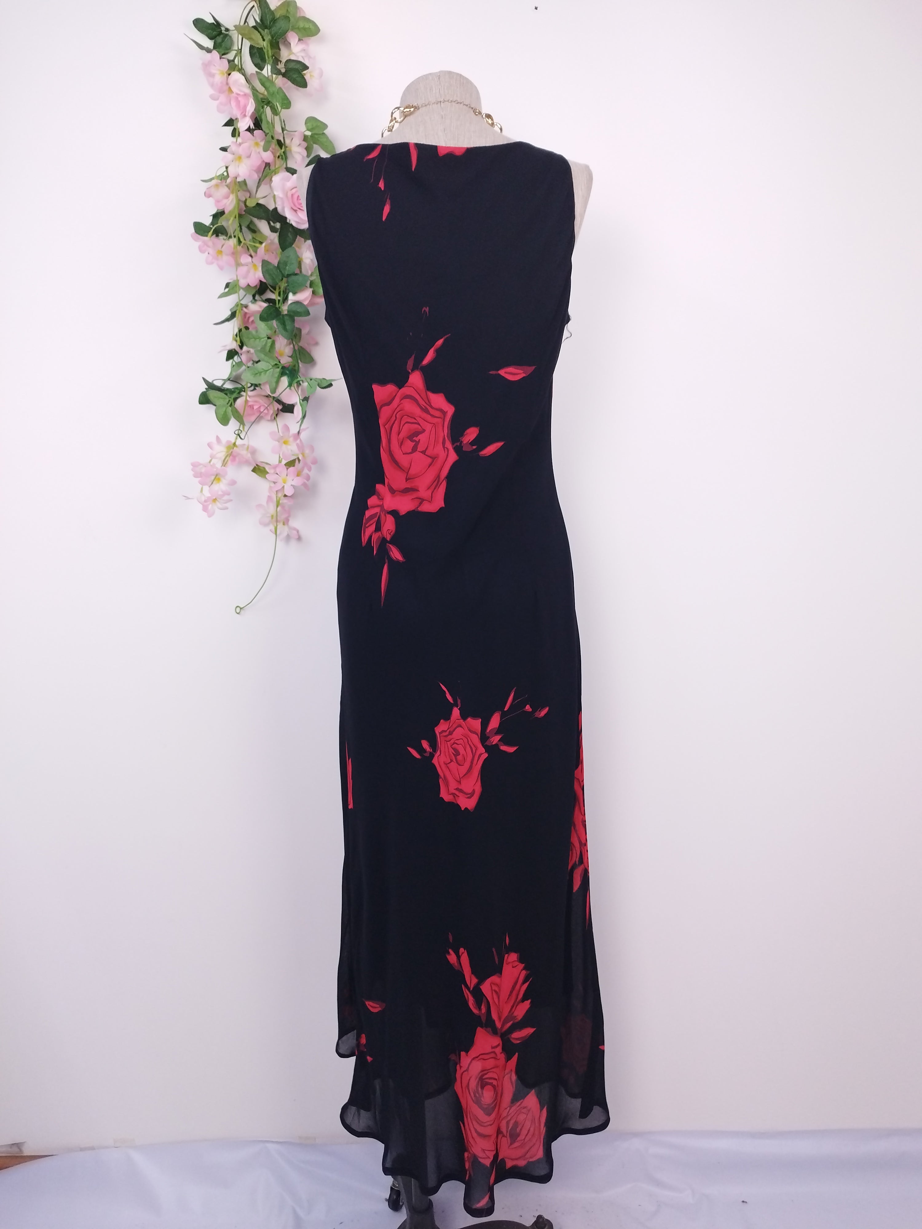 Y2K black chiffon maxi — Bold red roses, asymmetrical sheer hem