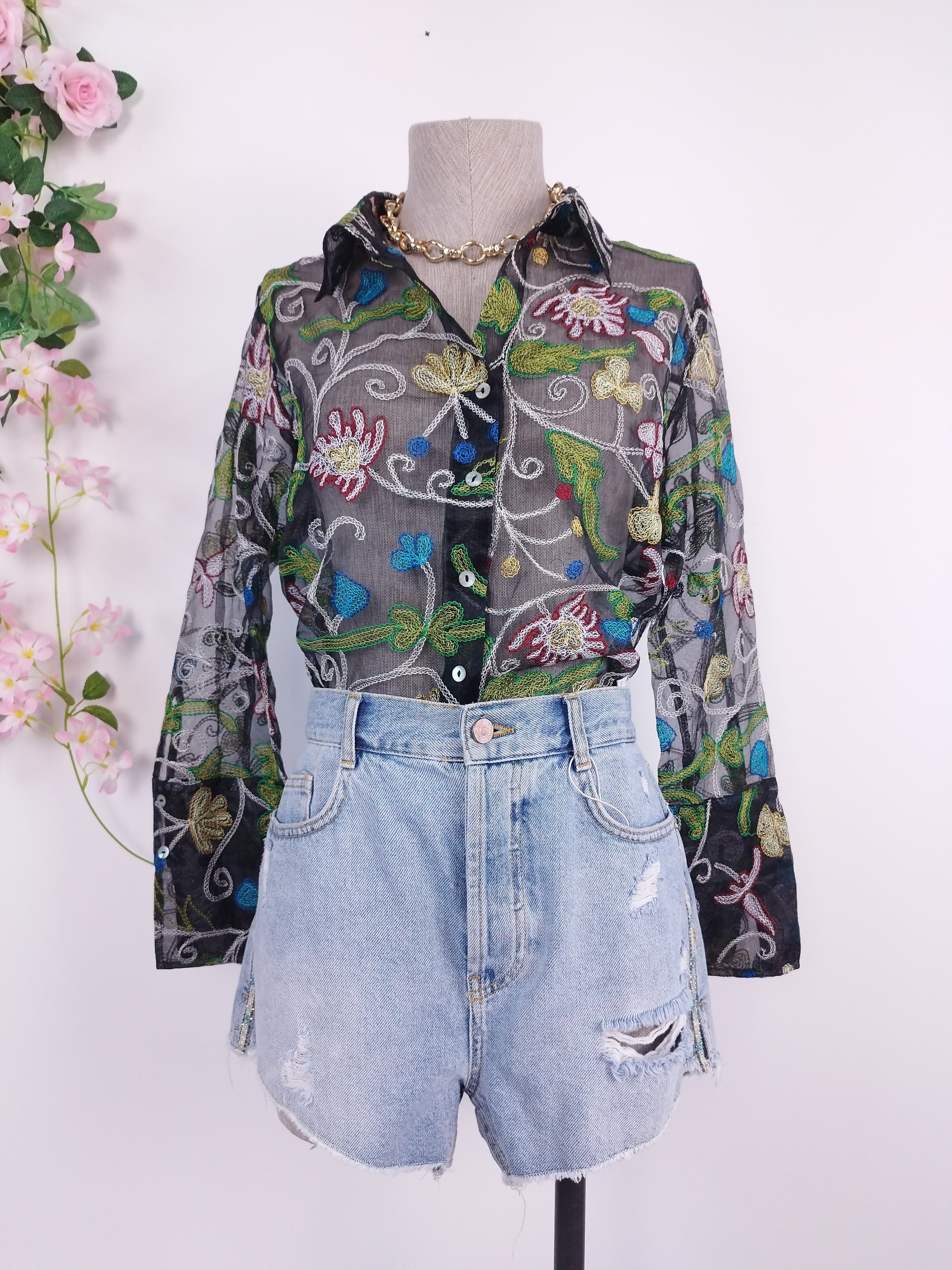Vintage 90s Organza Blouse — Long Sleeves, Floral Embroidery & Semi-Transparent Black