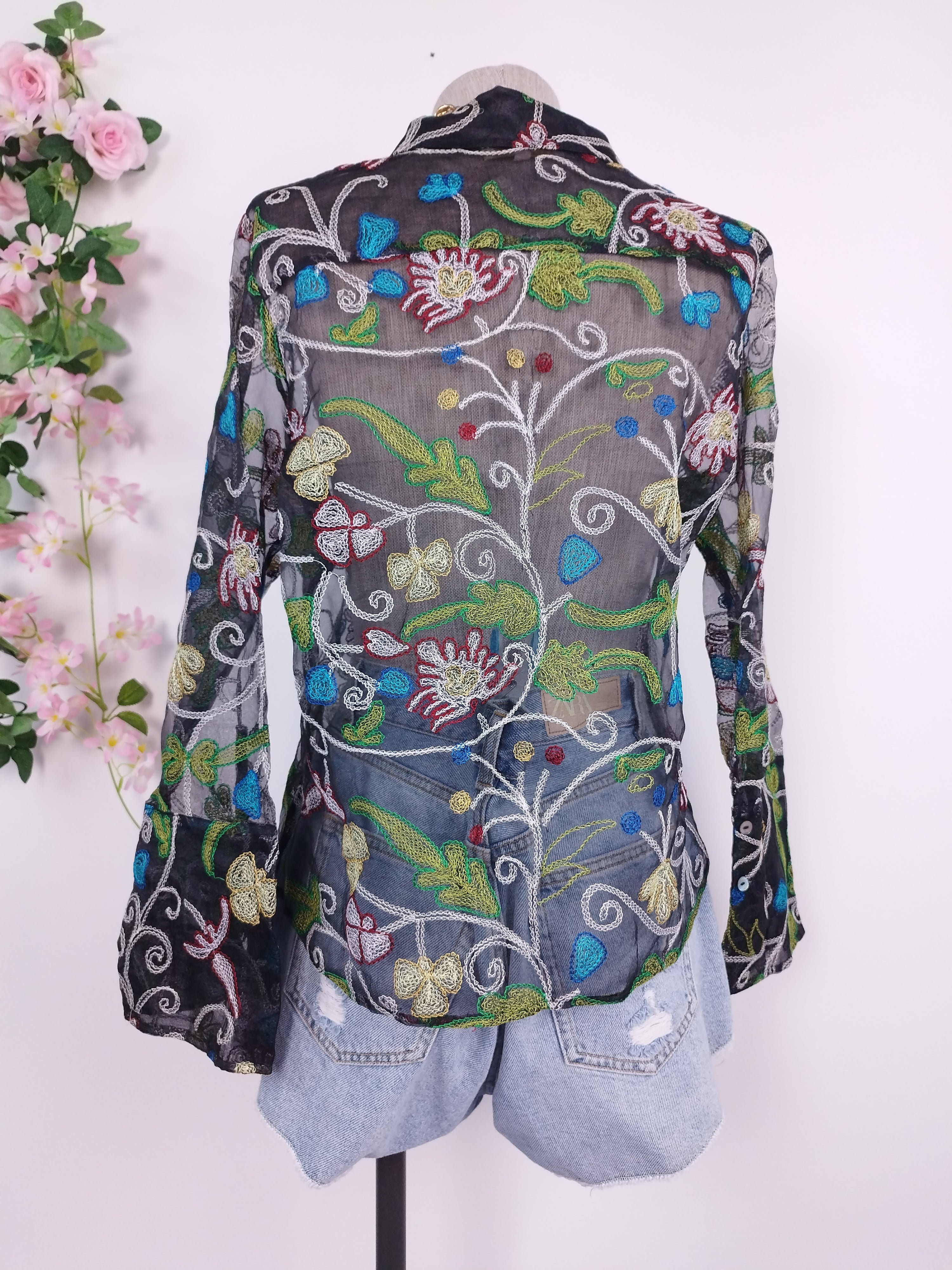Vintage 90s Organza Blouse — Long Sleeves, Floral Embroidery & Semi-Transparent Black