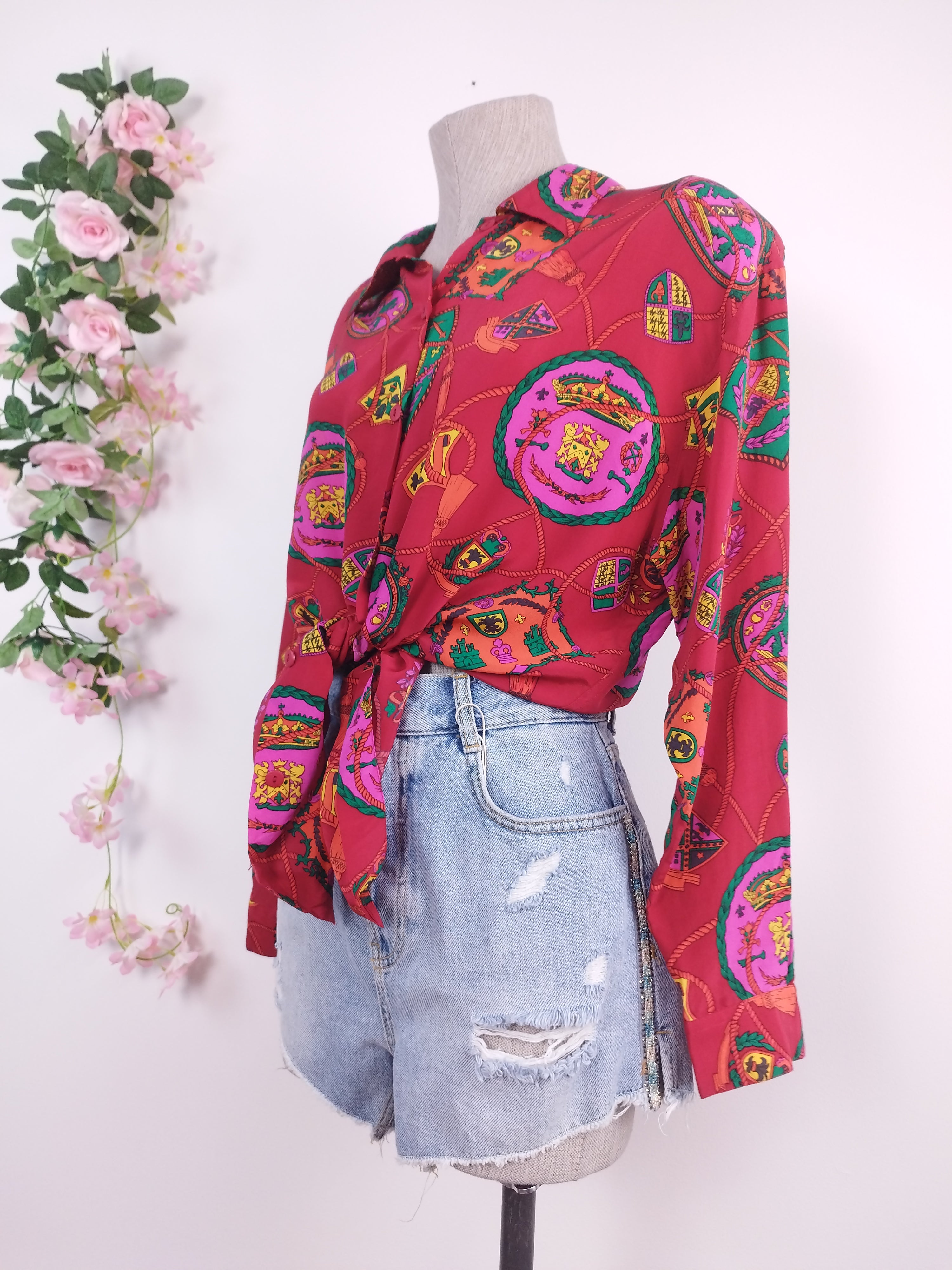 Vintage 90s Chiffon Blouse — Long Sleeves, Colorful Paisley & Red Base