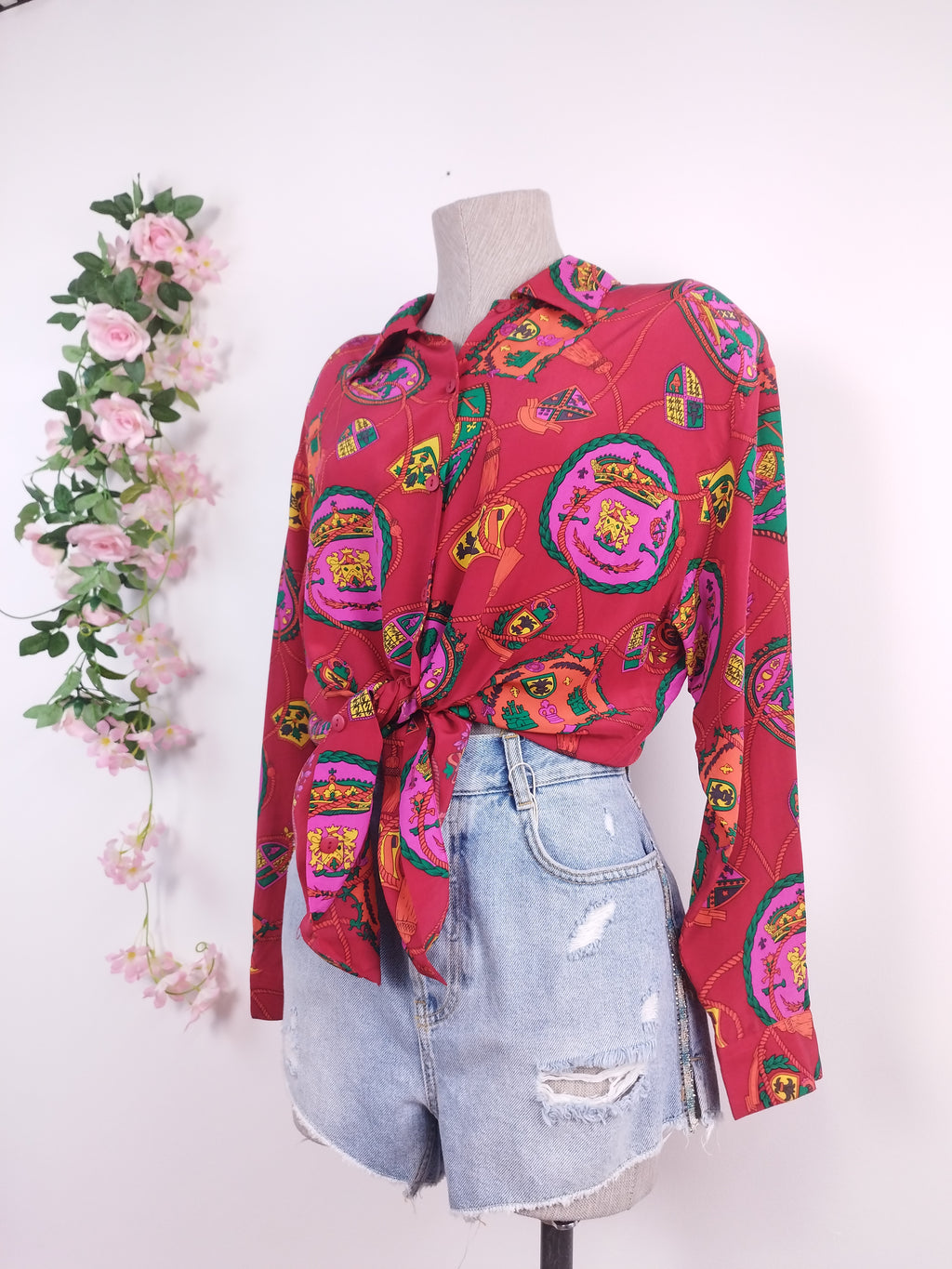 Vintage 90s Chiffon Blouse — Long Sleeves, Colorful Paisley & Red Base