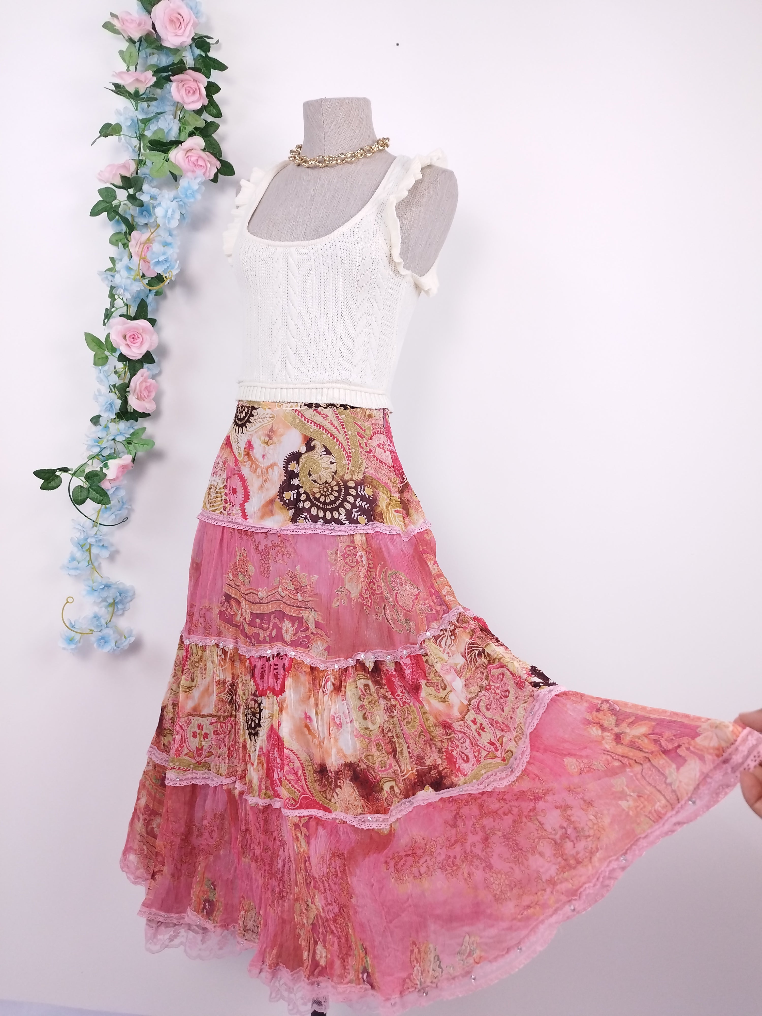 Jupe longue vintage années 2000, 100% soie, style bohème