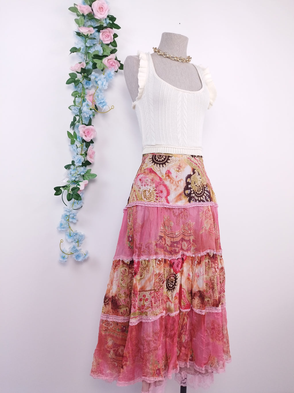 Vintage Silk Midi Skirt — Boho Style, Patchwork Print &Sequin Details
