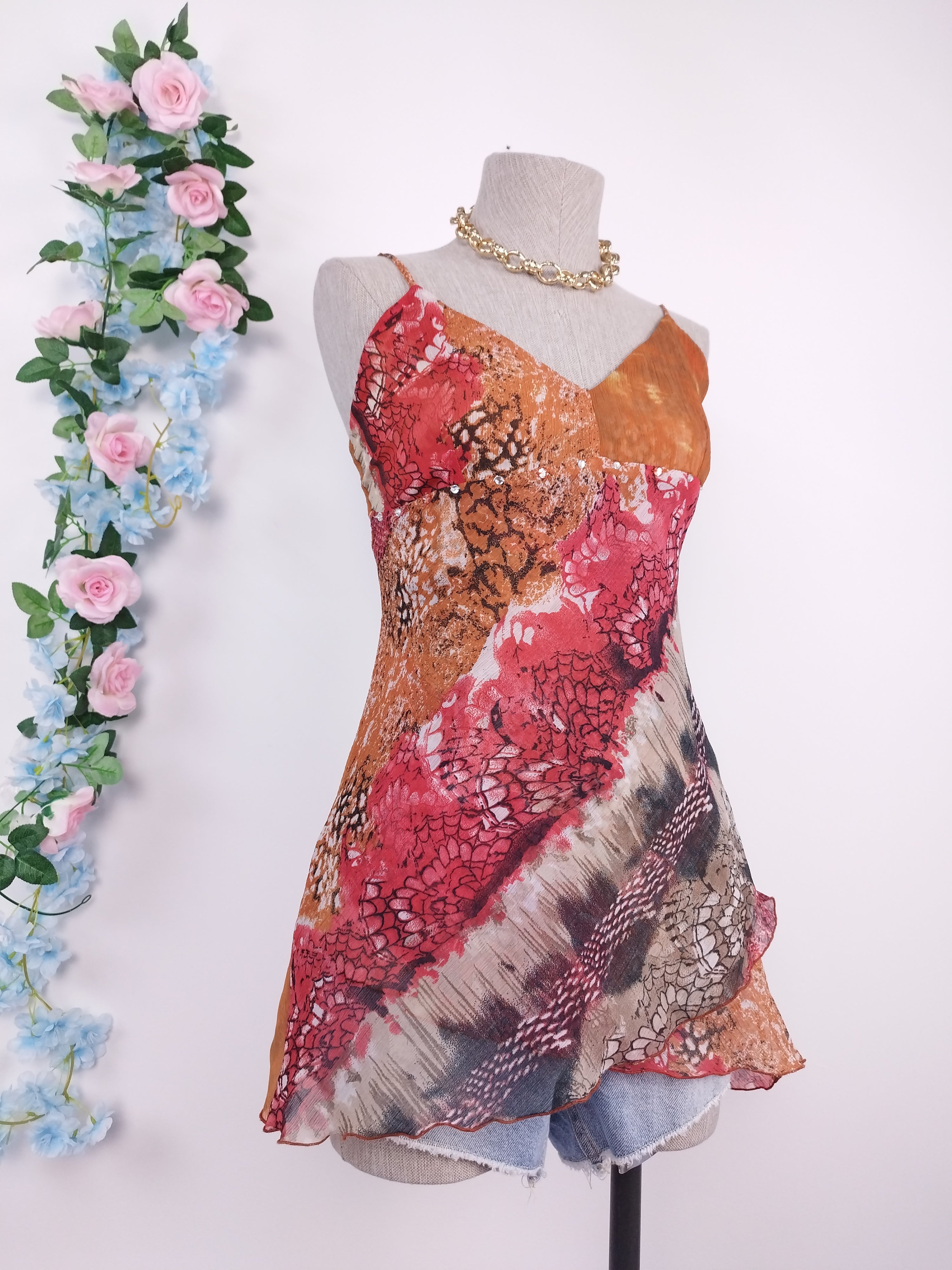 Vintage 2000s Y2K Chiffon Top — V-Neck, Ibiza Print & Asymmetric Layers