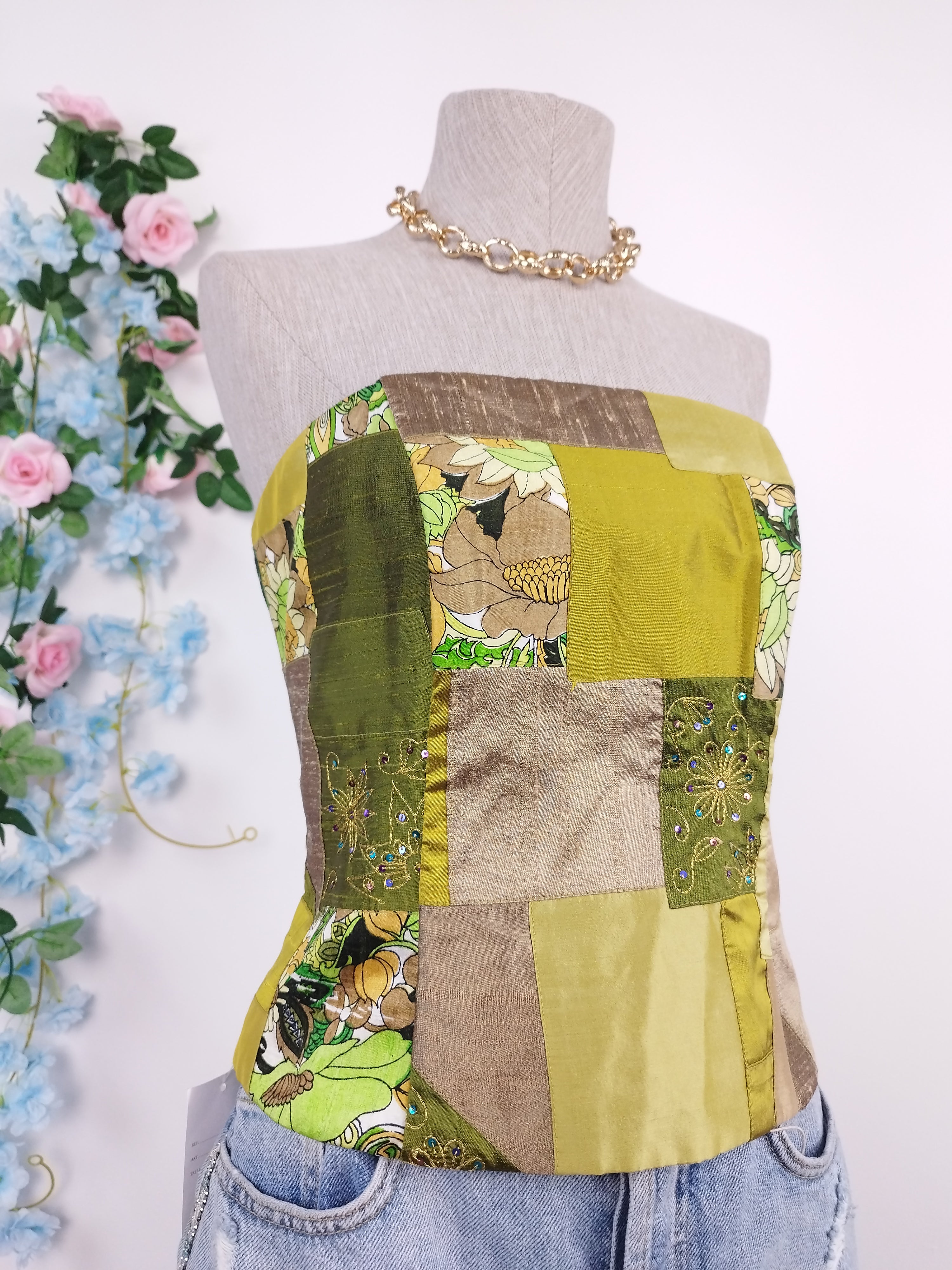 Vintage Y2K Corset — Strapless, Patchwork & Adjustable Back Tie