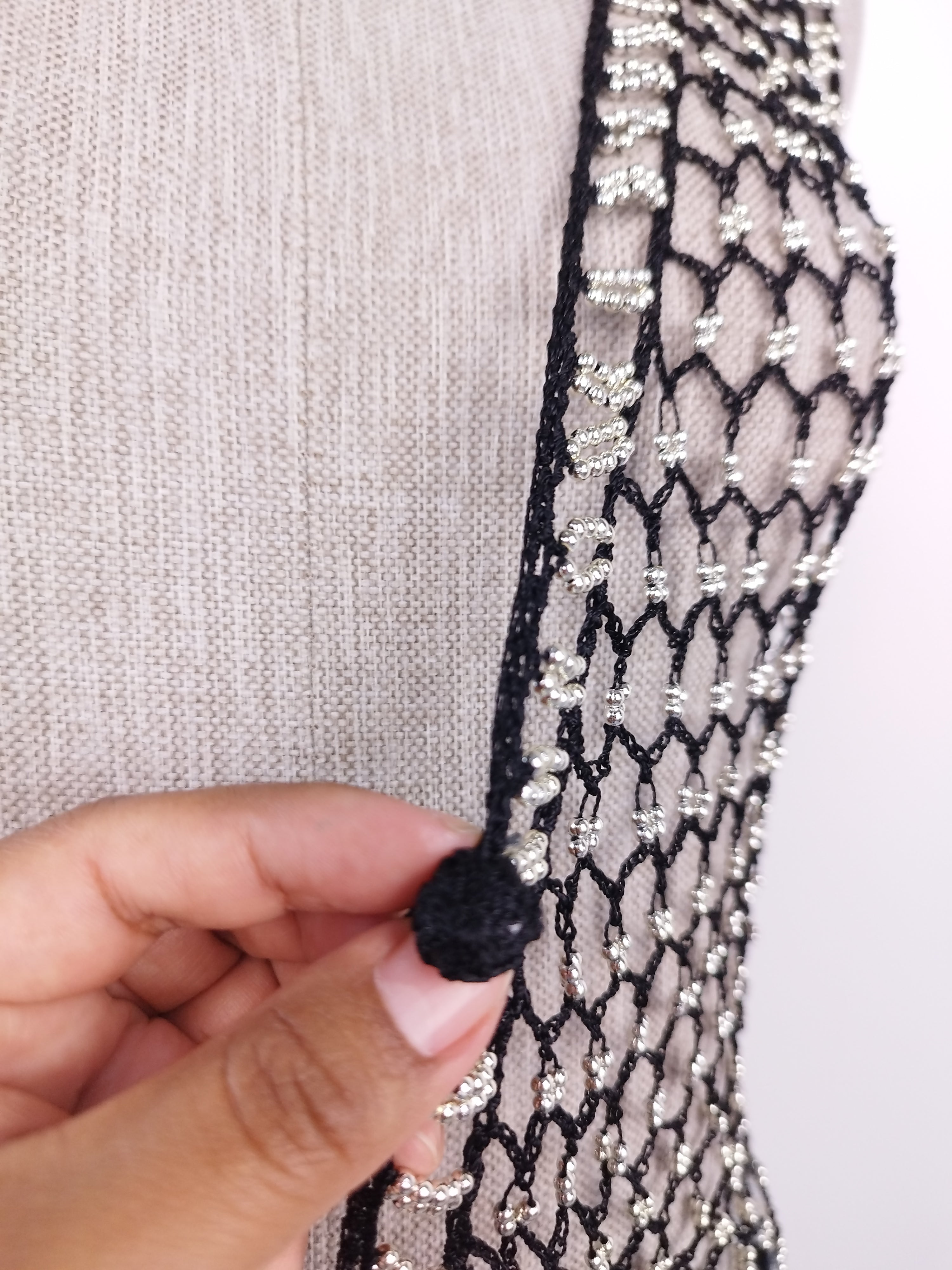 Vintage 90s Crochet Vest — V-Neck, Pearl Embellishments & Black Net Fabric