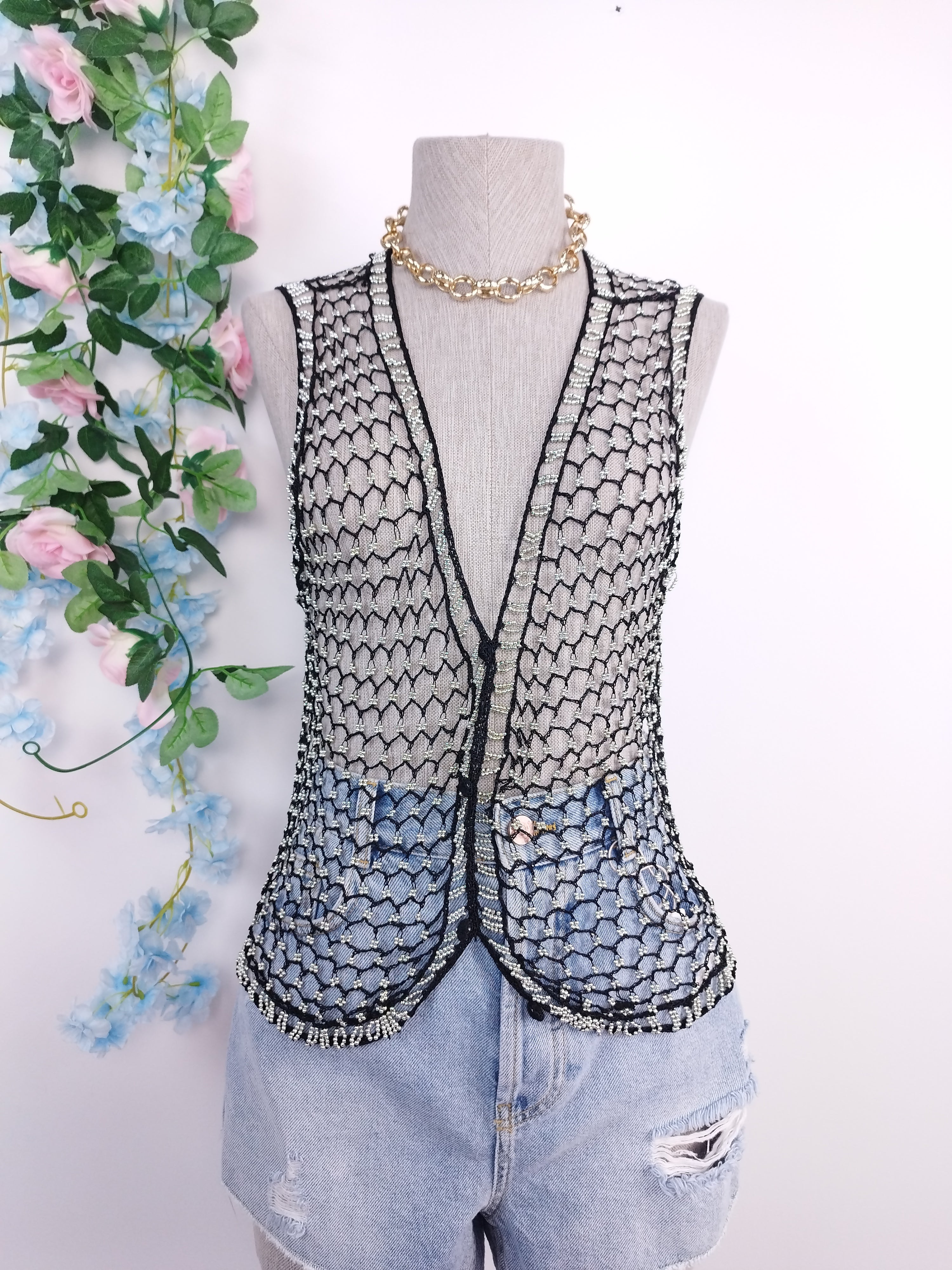 Vintage 90s Crochet Vest — V-Neck, Pearl Embellishments & Black Net Fabric