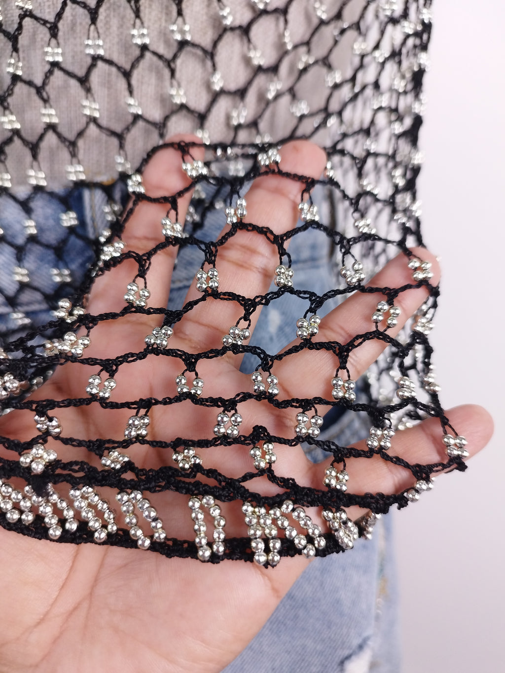 Vintage 90s Crochet Vest — V-Neck, Pearl Embellishments & Black Net Fabric