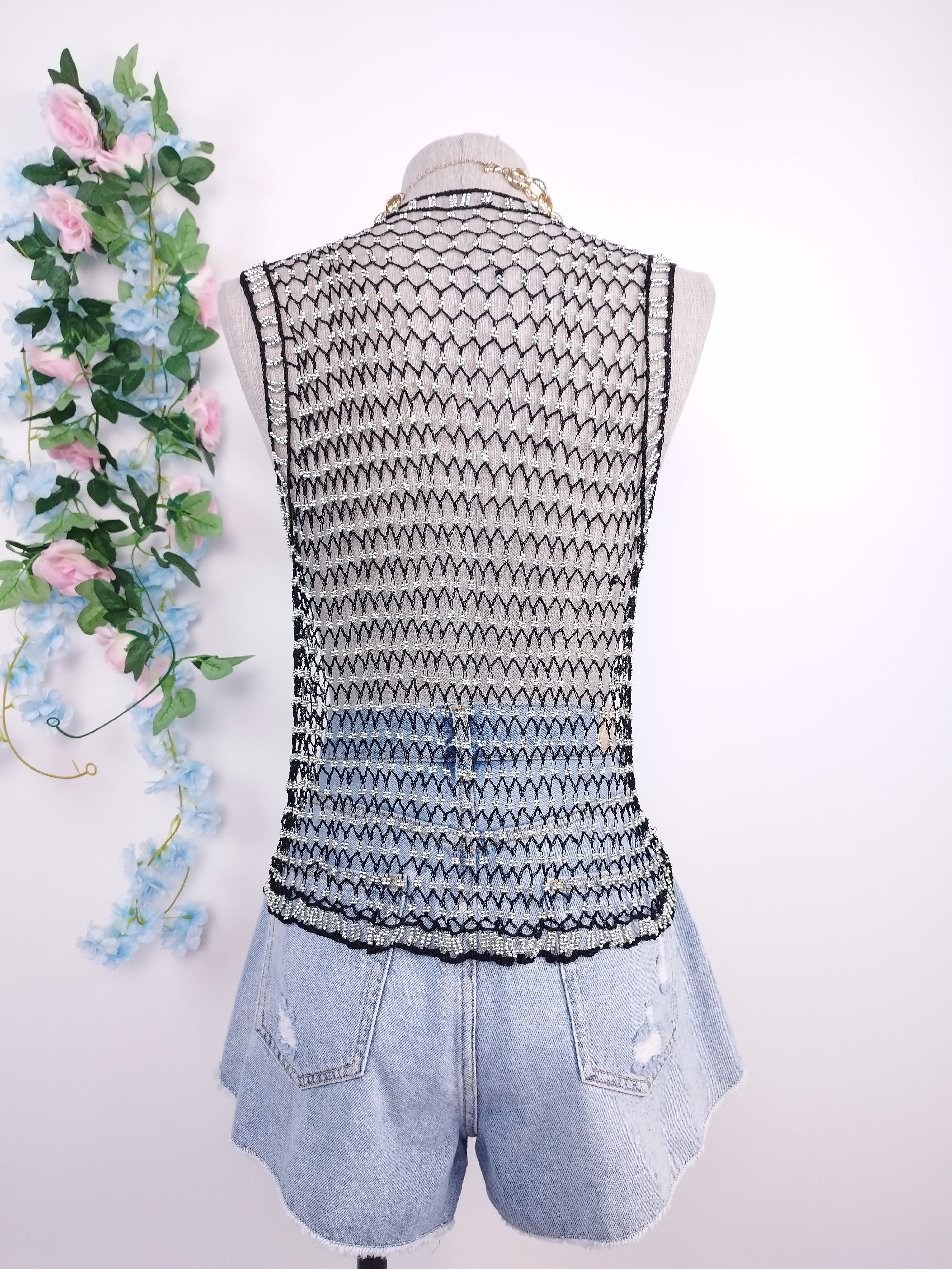 Vintage 90s Crochet Vest — V-Neck, Pearl Embellishments & Black Net Fabric