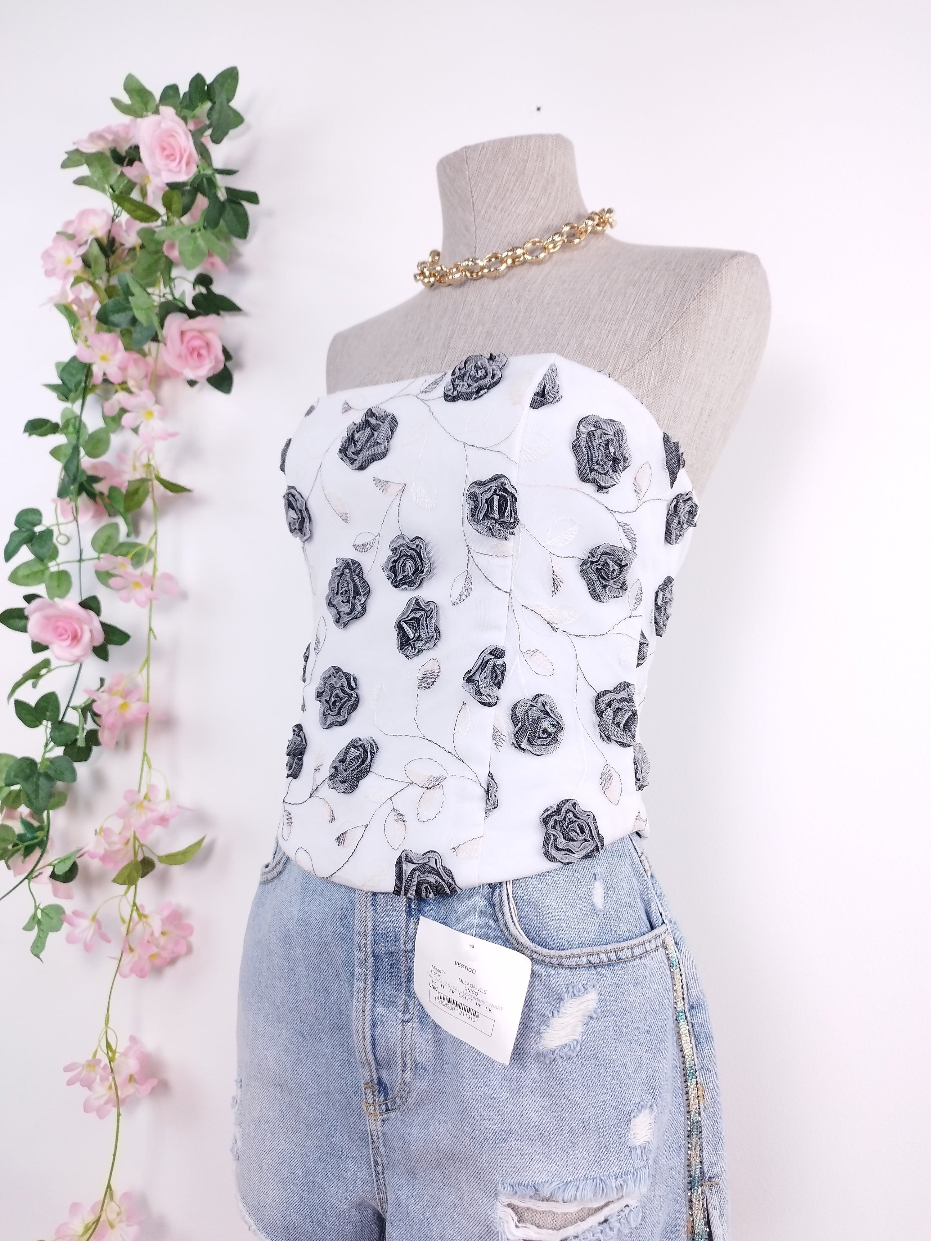 Vintage 2000s Corset Top — 3D Rose Appliqués, Lace-Up Back & Tulle-Satin Combo