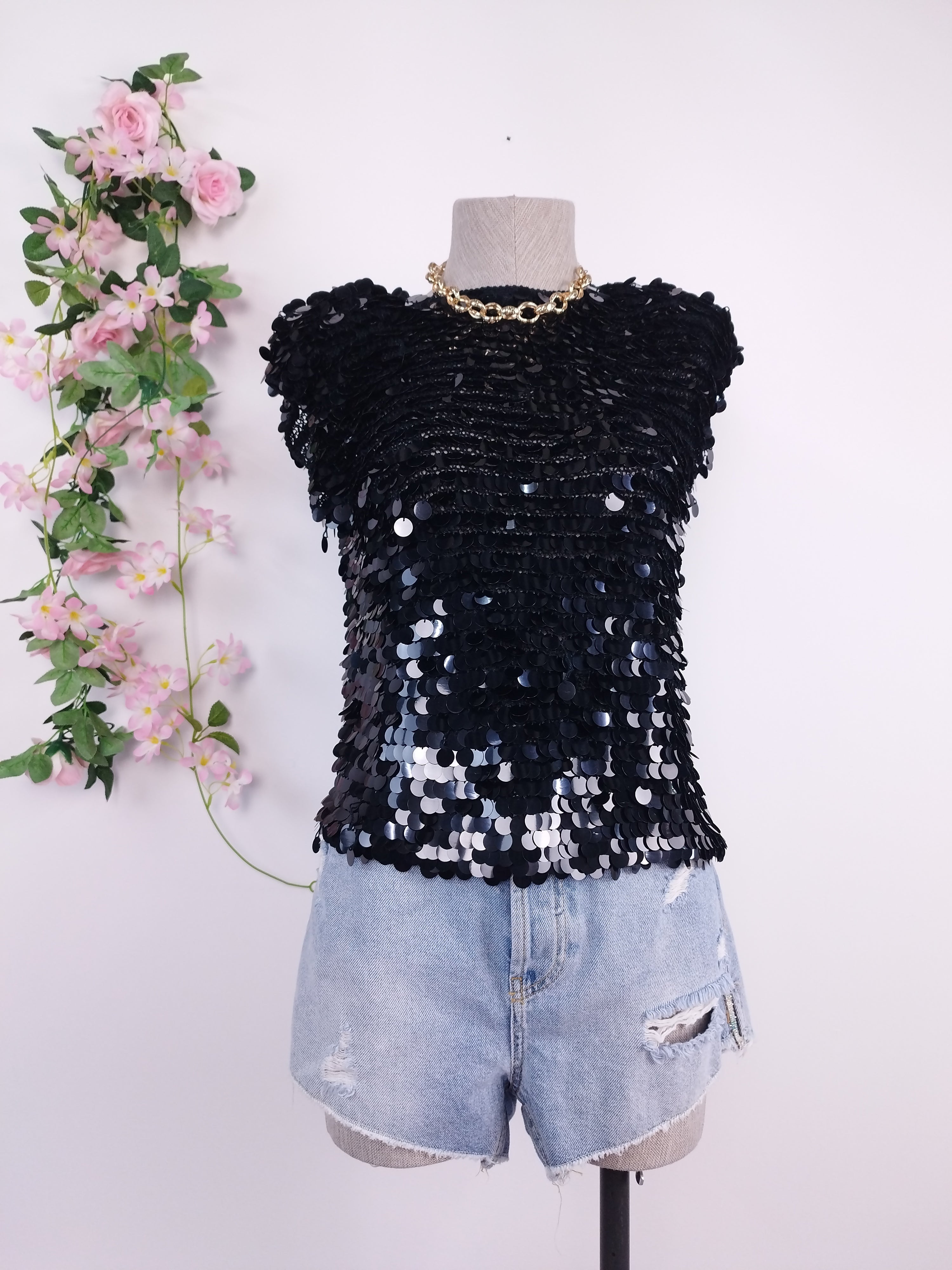 Vintage 2000s Sequin Top — Round Neck, Built-In Shoulders & Short Sleeves
