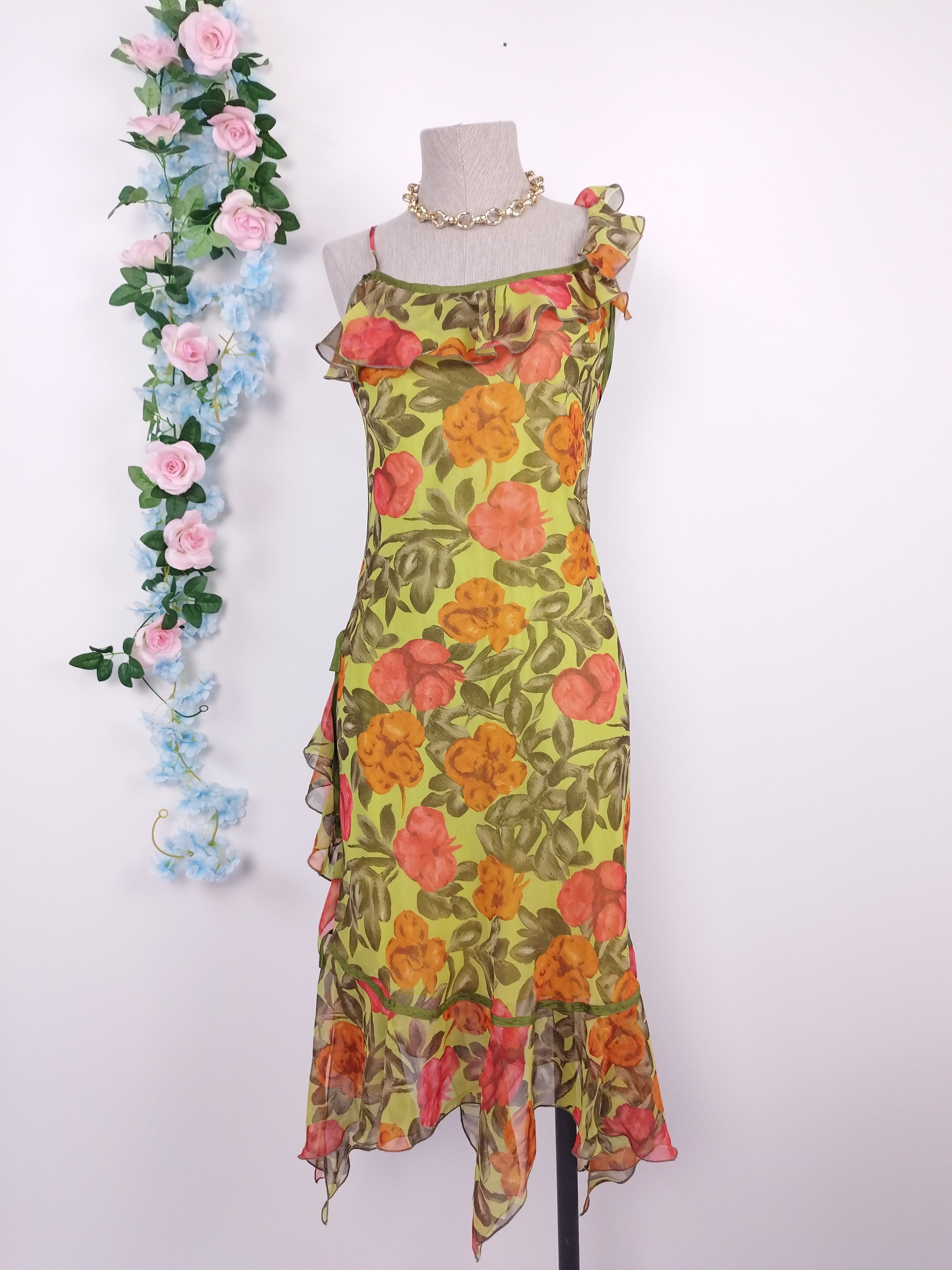 Vintage 2000s Y2K Midi Dress — Asymmetric Neck, Floral Print & Ruffled Hem
