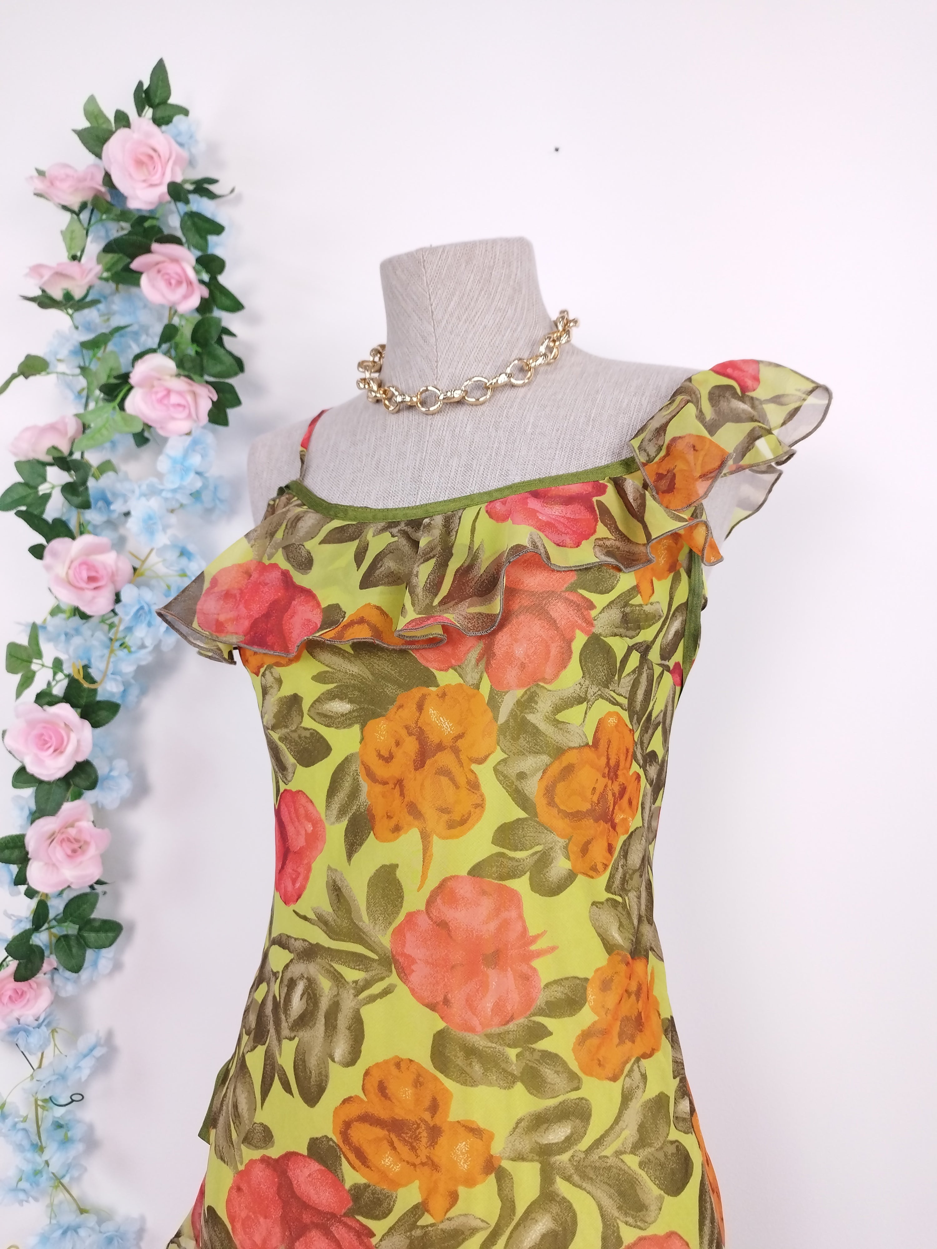 Vintage 2000s Y2K Midi Dress — Asymmetric Neck, Floral Print & Ruffled Hem