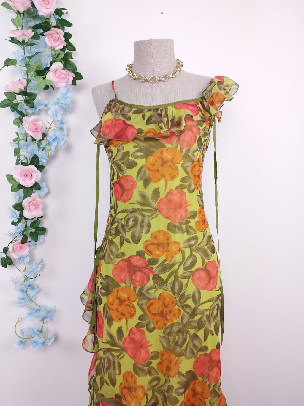 Vintage 2000s Y2K Midi Dress — Asymmetric Neck, Floral Print & Ruffled Hem