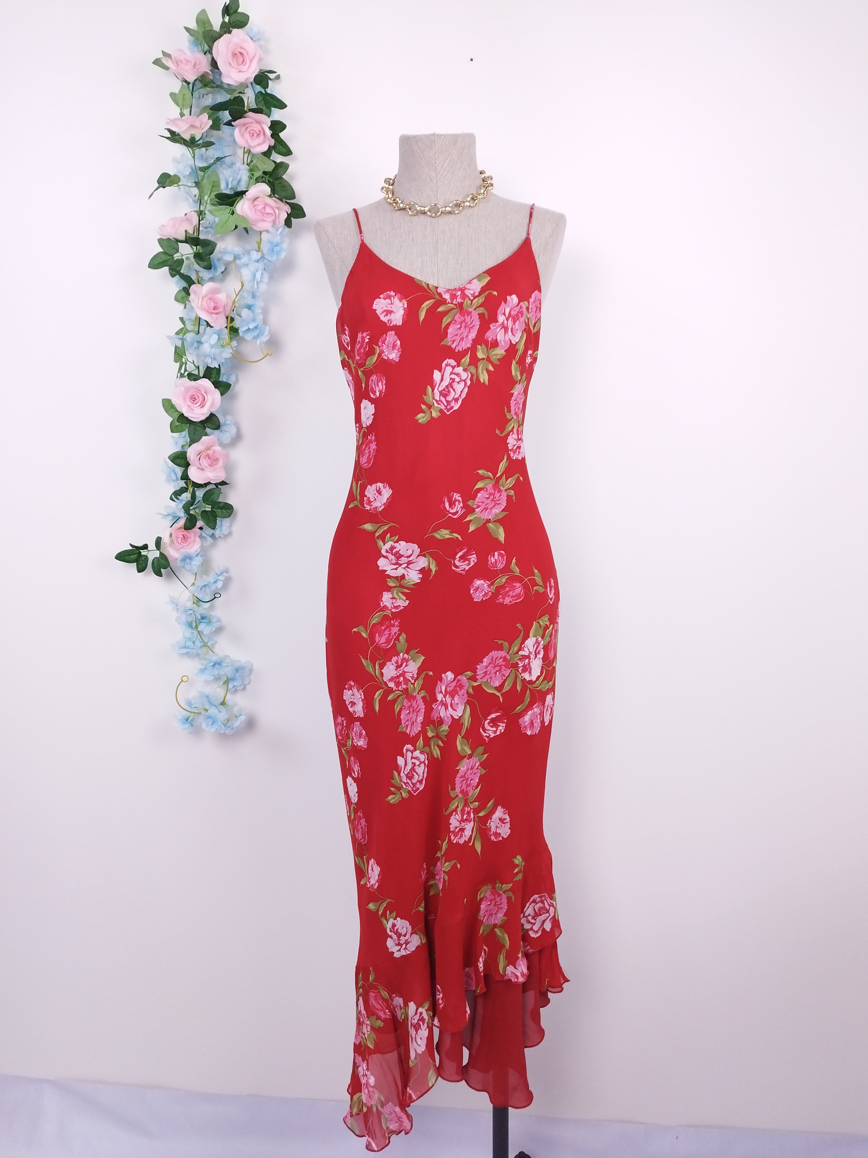 Vintage 90s Midi Dress — Slip Style, Red Chiffon &amp; Pink Floral Print