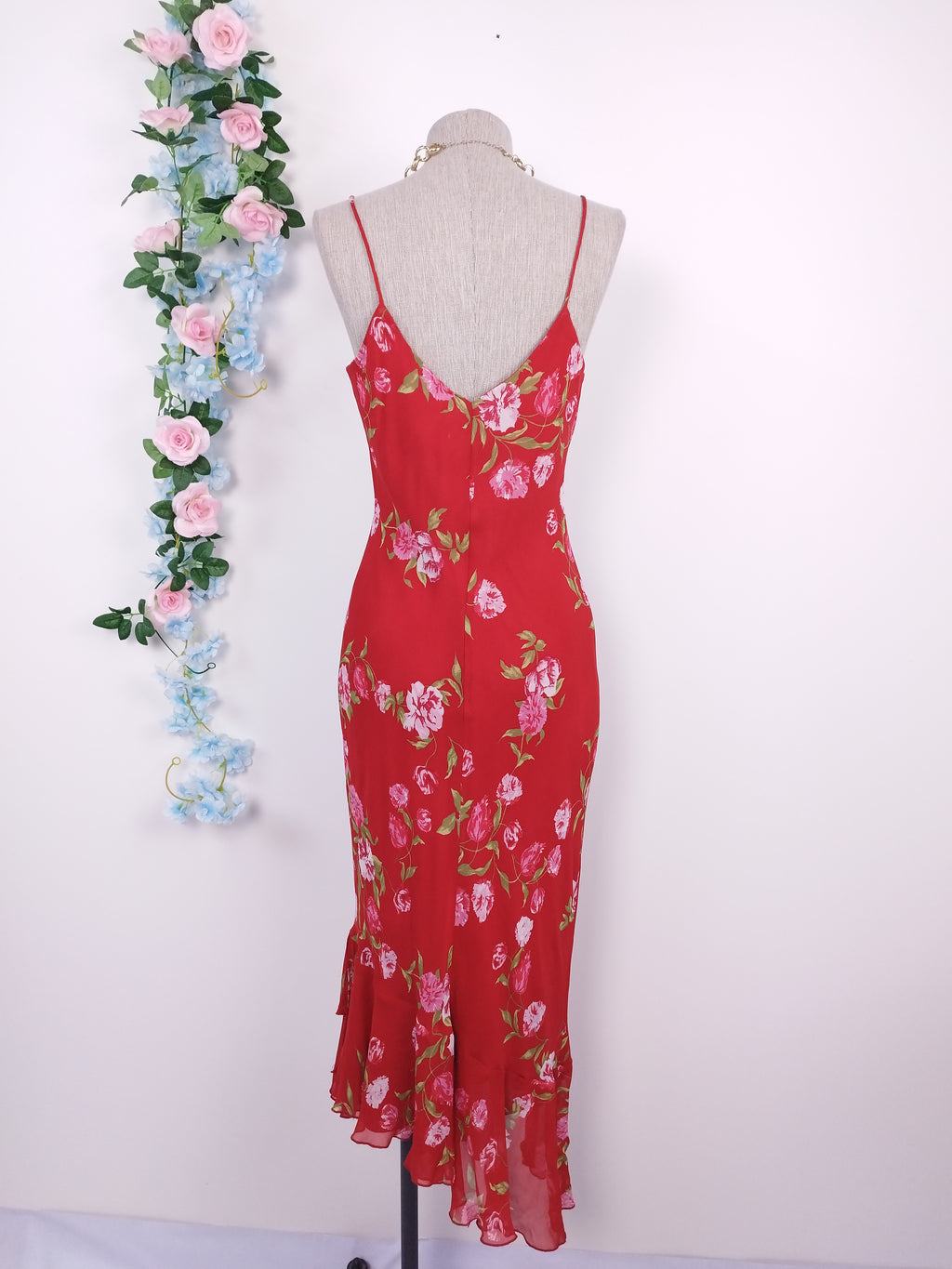 Vintage 90s Midi Dress — Slip Style, Red Chiffon &amp; Pink Floral Print