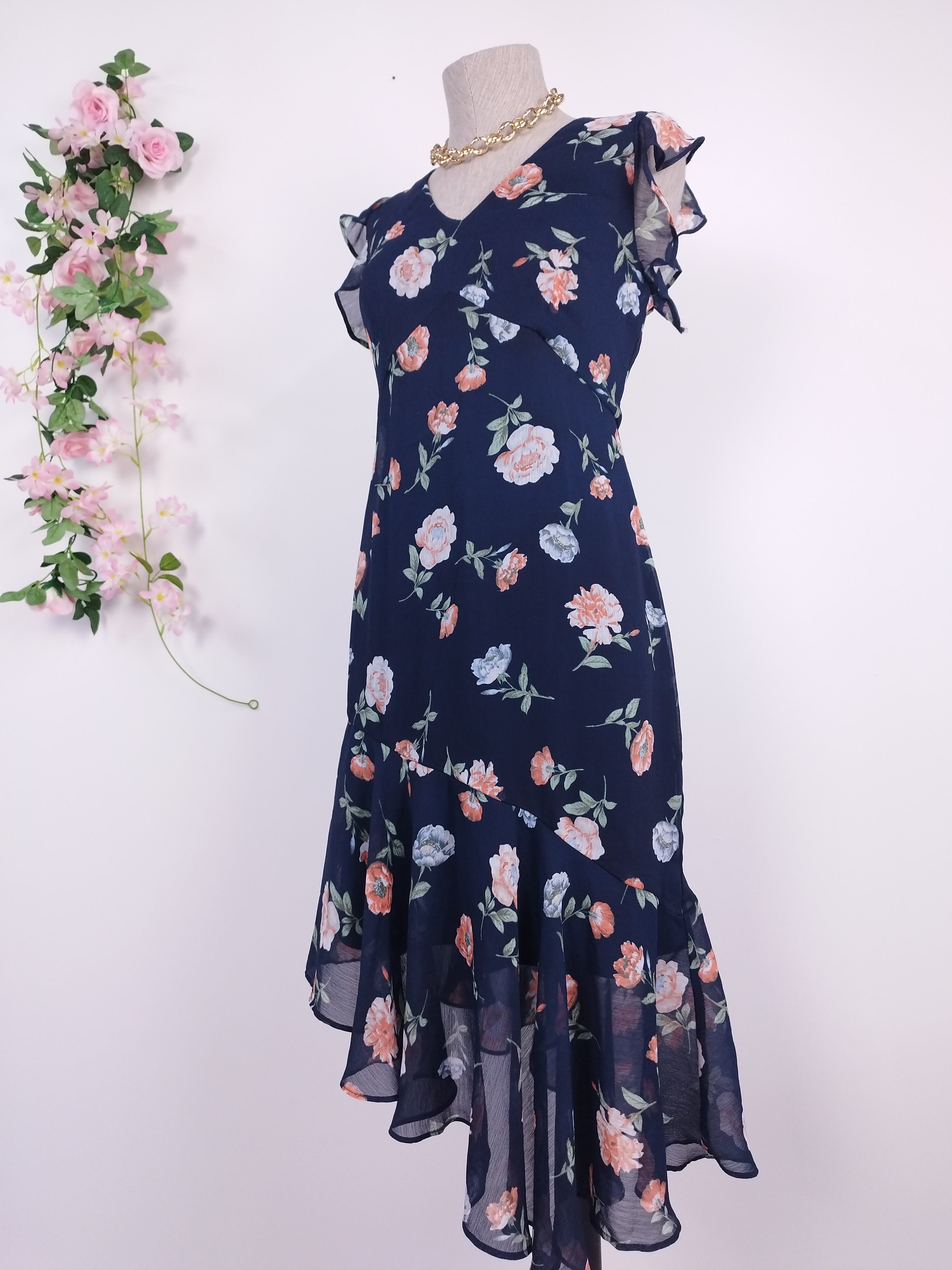 Vintage 90s Midi Dress — Ruffle Sleeves, V-Neck & Asymmetric Hem