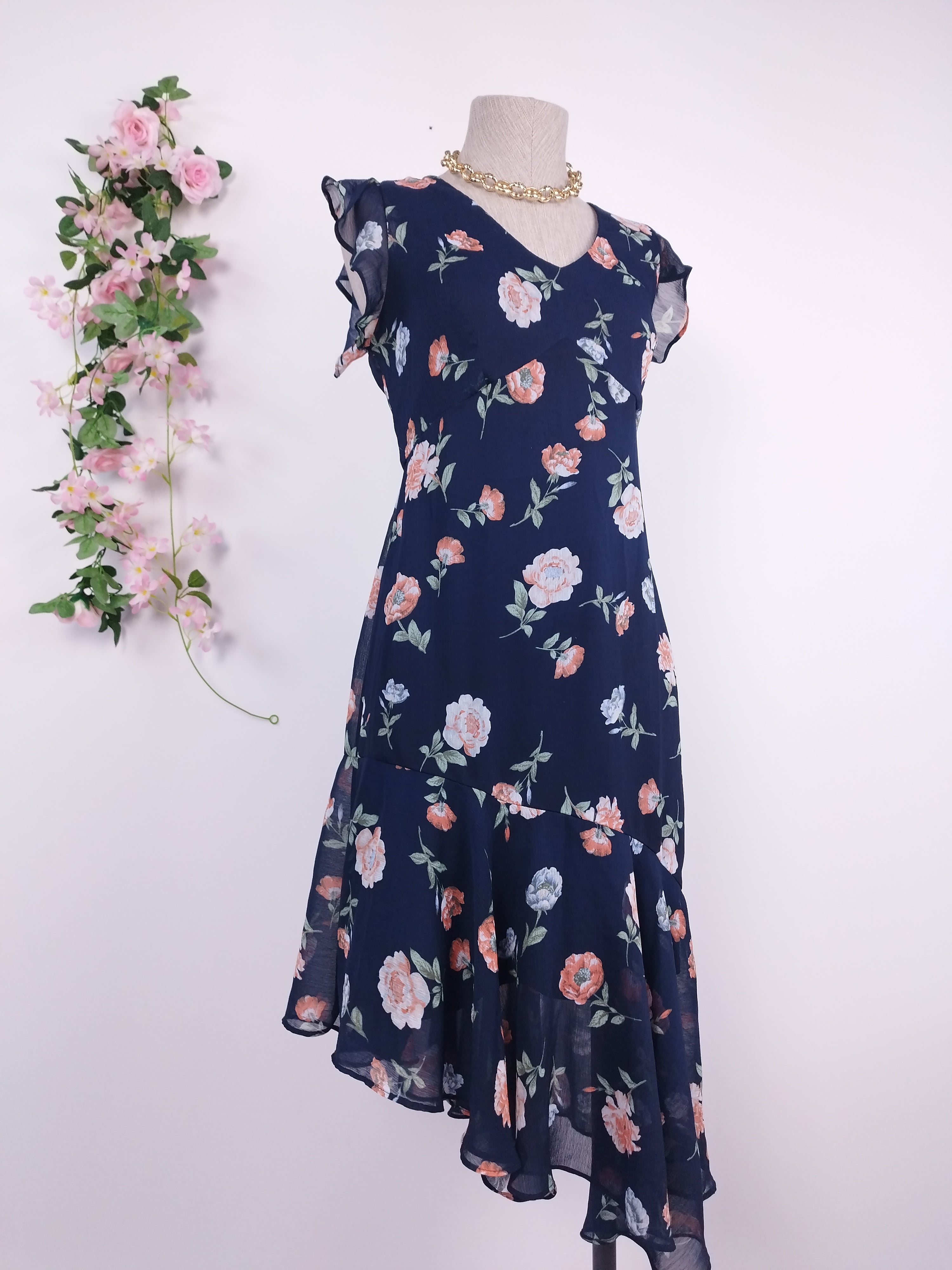 Vintage 90s Midi Dress — Ruffle Sleeves, V-Neck & Asymmetric Hem