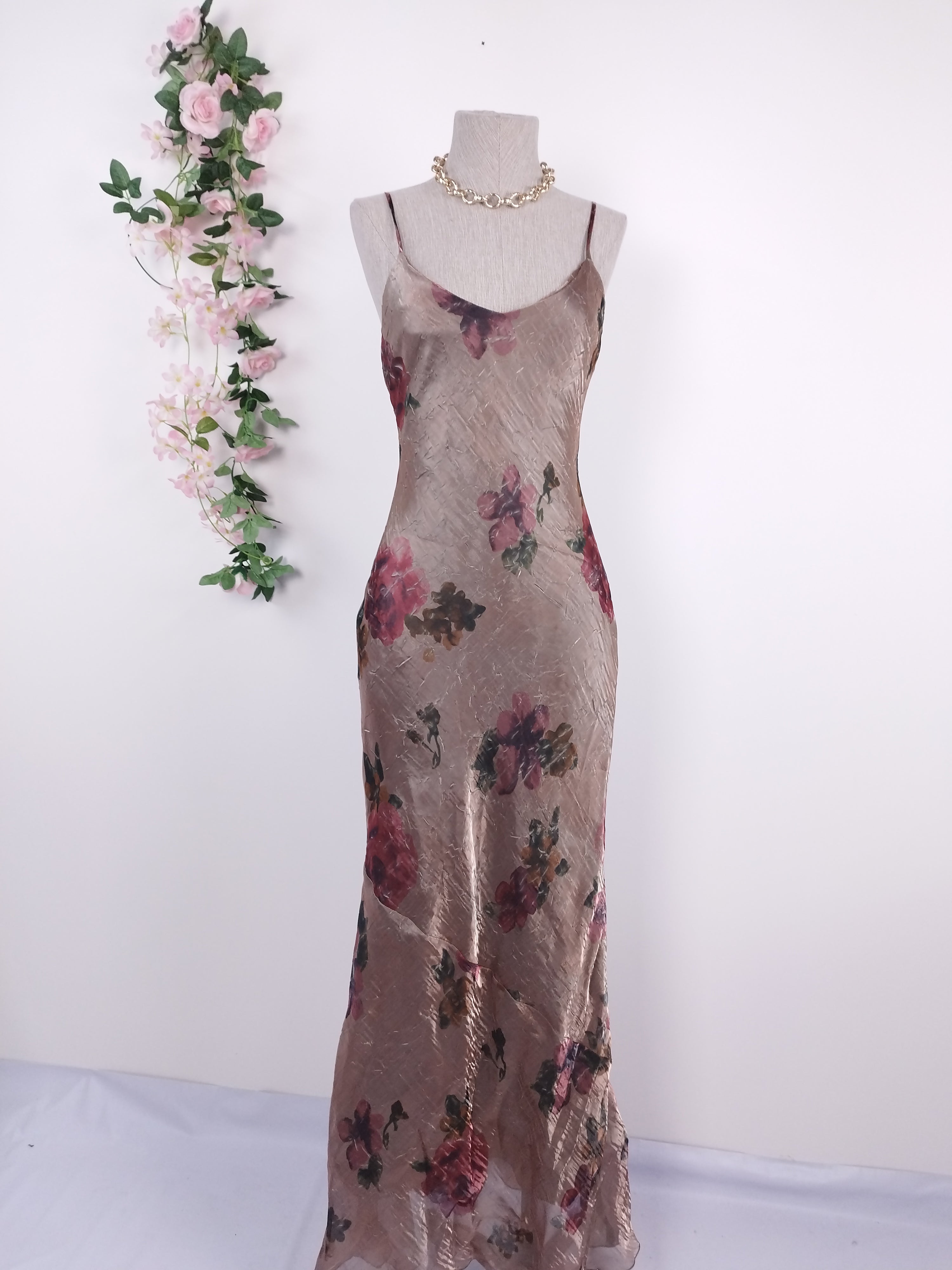 Vintage 90s Maxi Evening Dress — Slip Style, Iridescent Satin & Red Floral Print