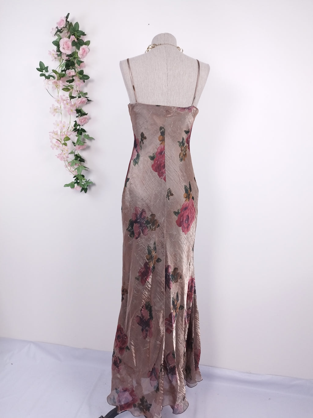 Vintage 90s Maxi Evening Dress — Slip Style, Iridescent Satin & Red Floral Print