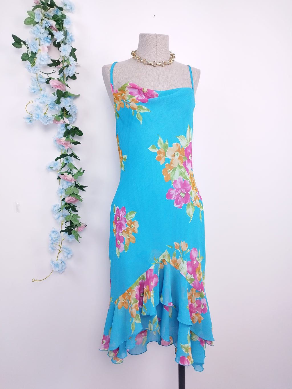 Vintage 90s Summer Dress — Slip Style, Floral Chiffon & Asymmetric Ruffles