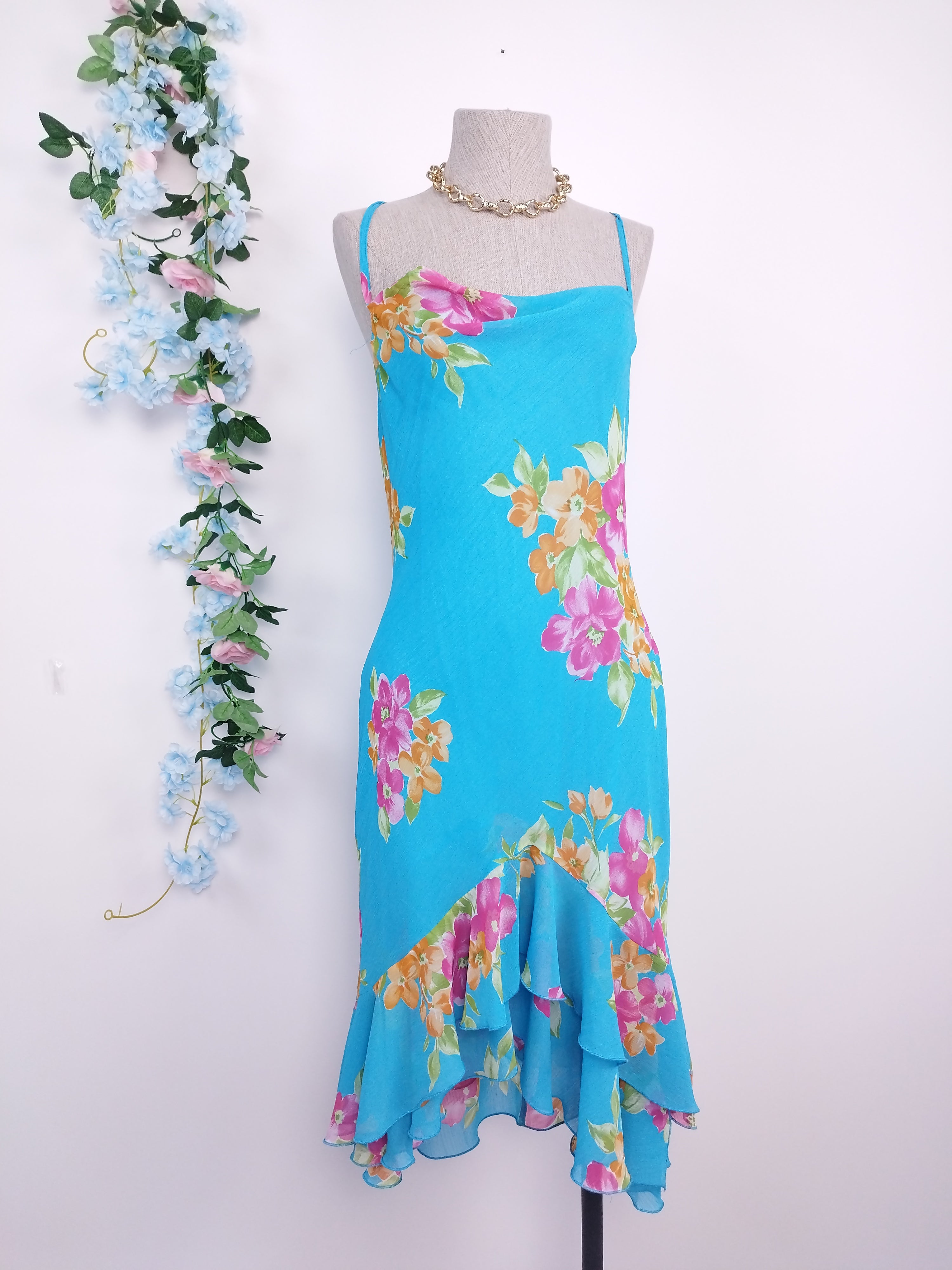 Vintage 90s Summer Dress — Slip Style, Floral Chiffon & Asymmetric Ruffles