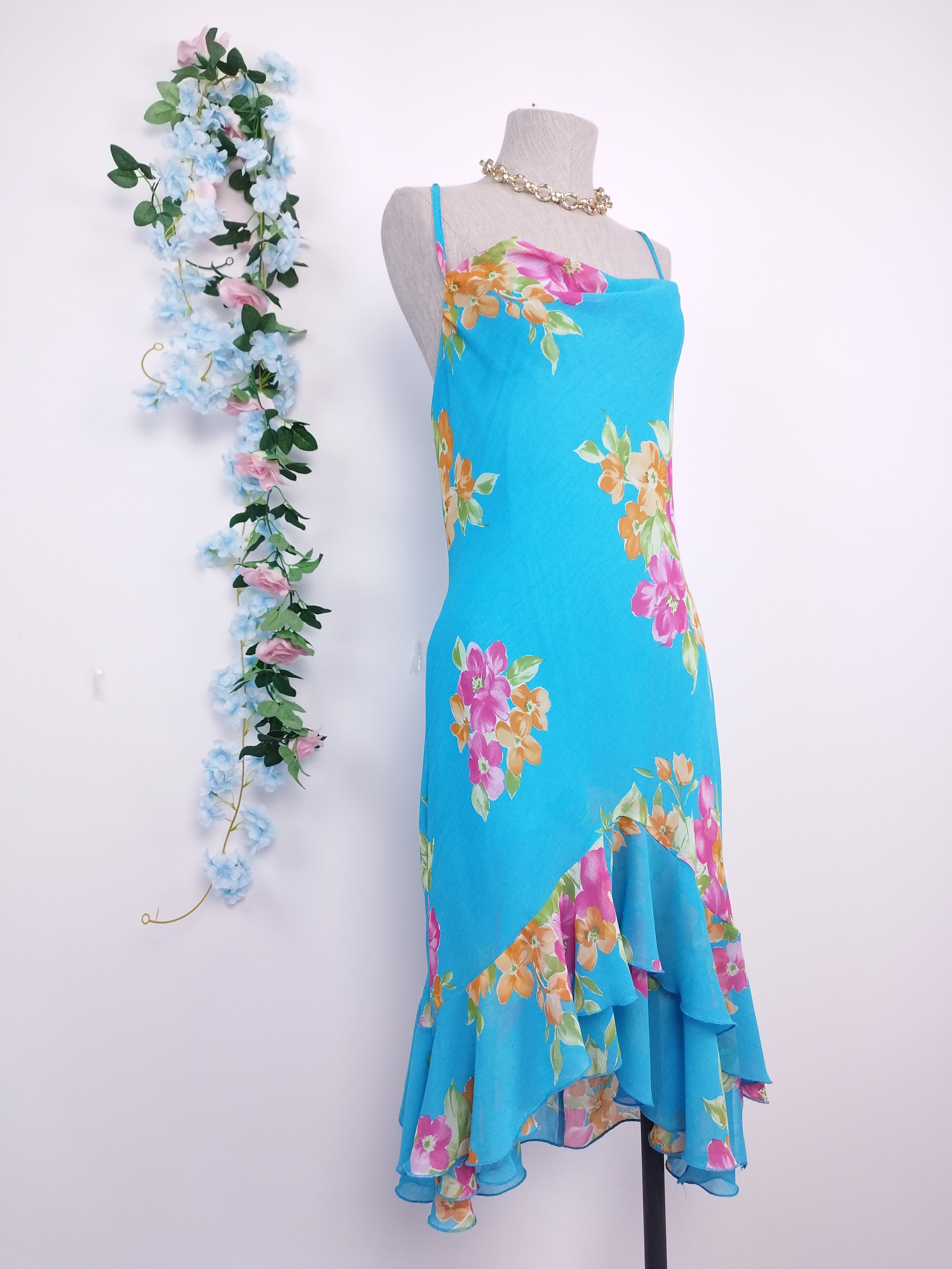Vintage 90s Summer Dress — Slip Style, Floral Chiffon & Asymmetric Ruffles