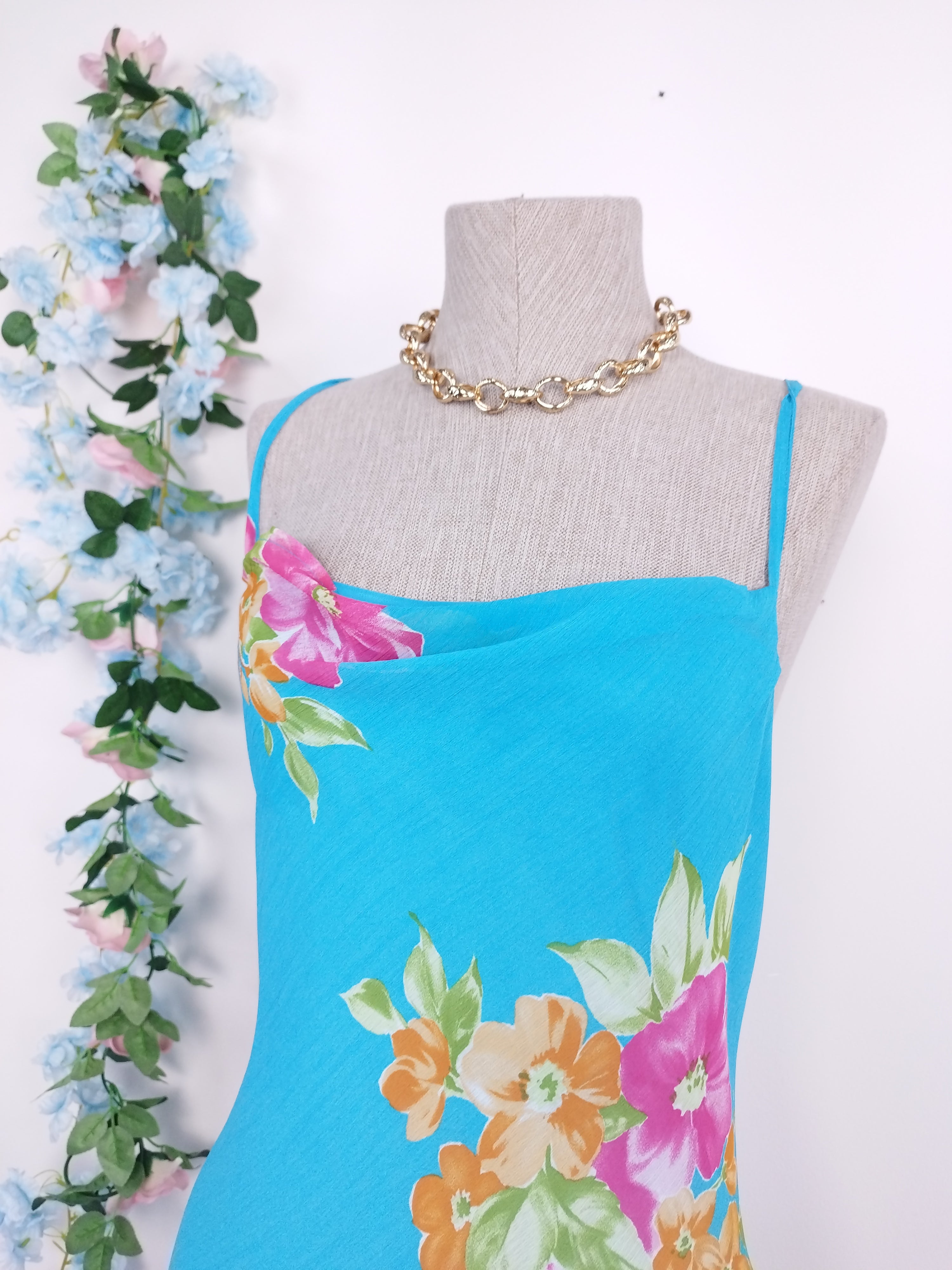 Vintage 90s Summer Dress — Slip Style, Floral Chiffon & Asymmetric Ruffles