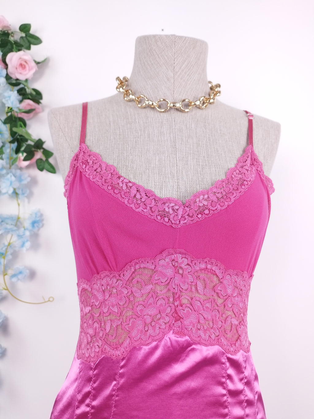 Vintage 2000s Slip Dress — Tulle Bust, Fuchsia Satin Skirt & Lace Trim