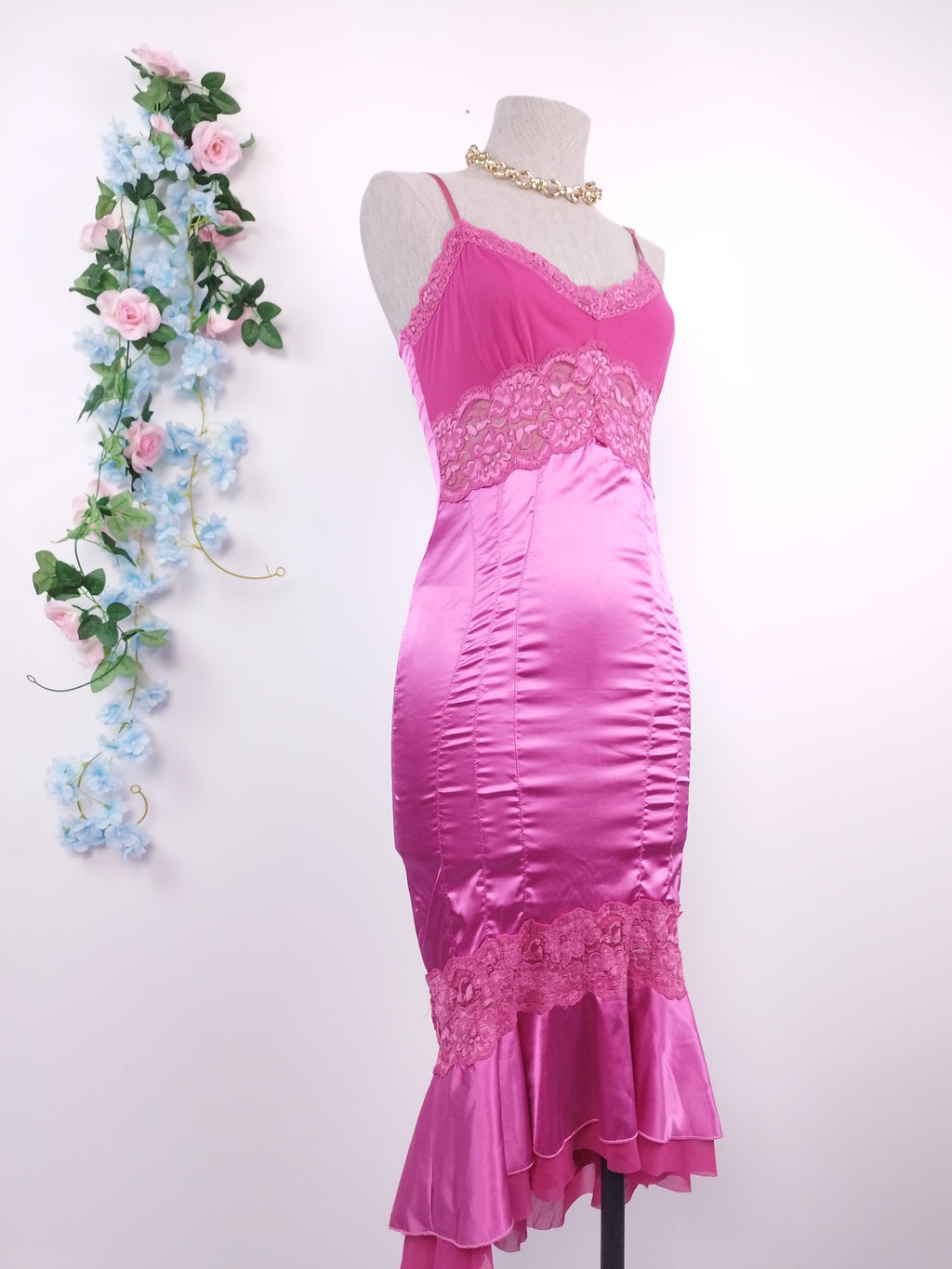 Vintage 2000s Slip Dress — Tulle Bust, Fuchsia Satin Skirt & Lace Trim