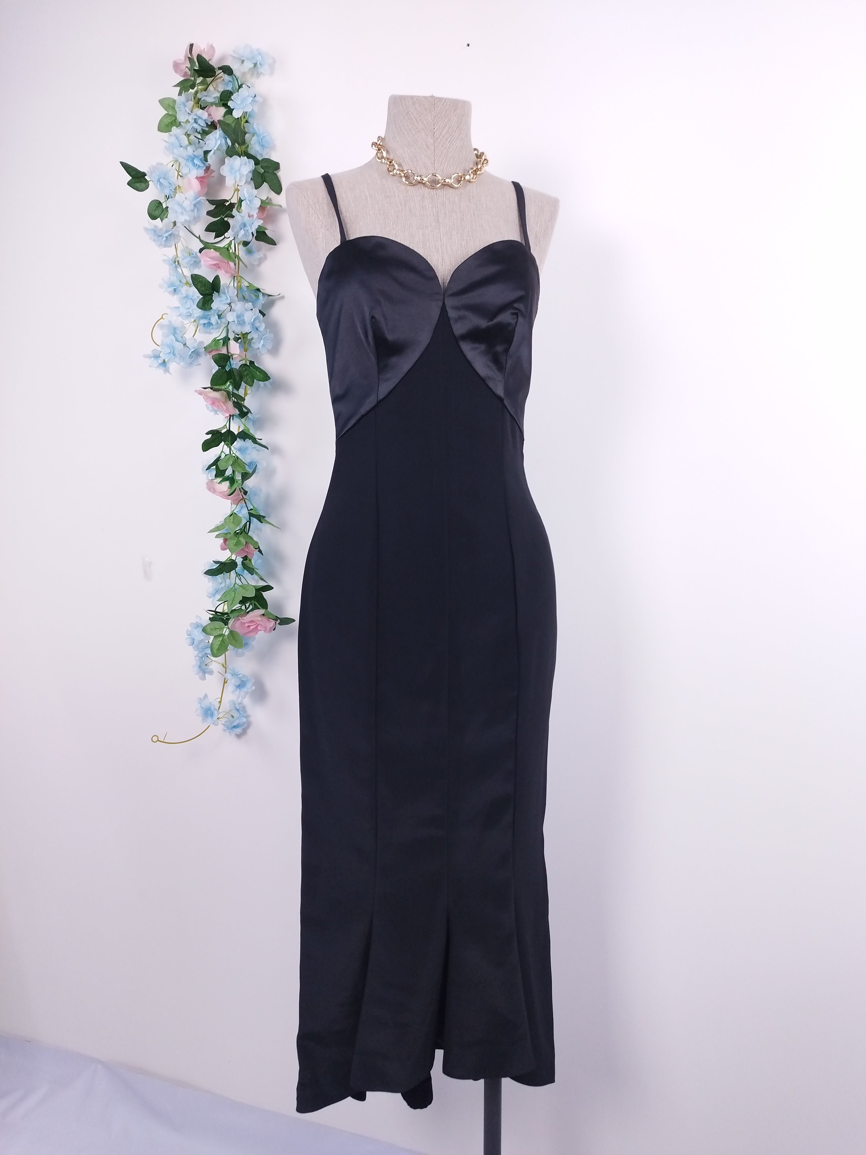 Vintage 90s Glam Maxi Dress — Slip Style, Satin Bust & Mermaid Hem