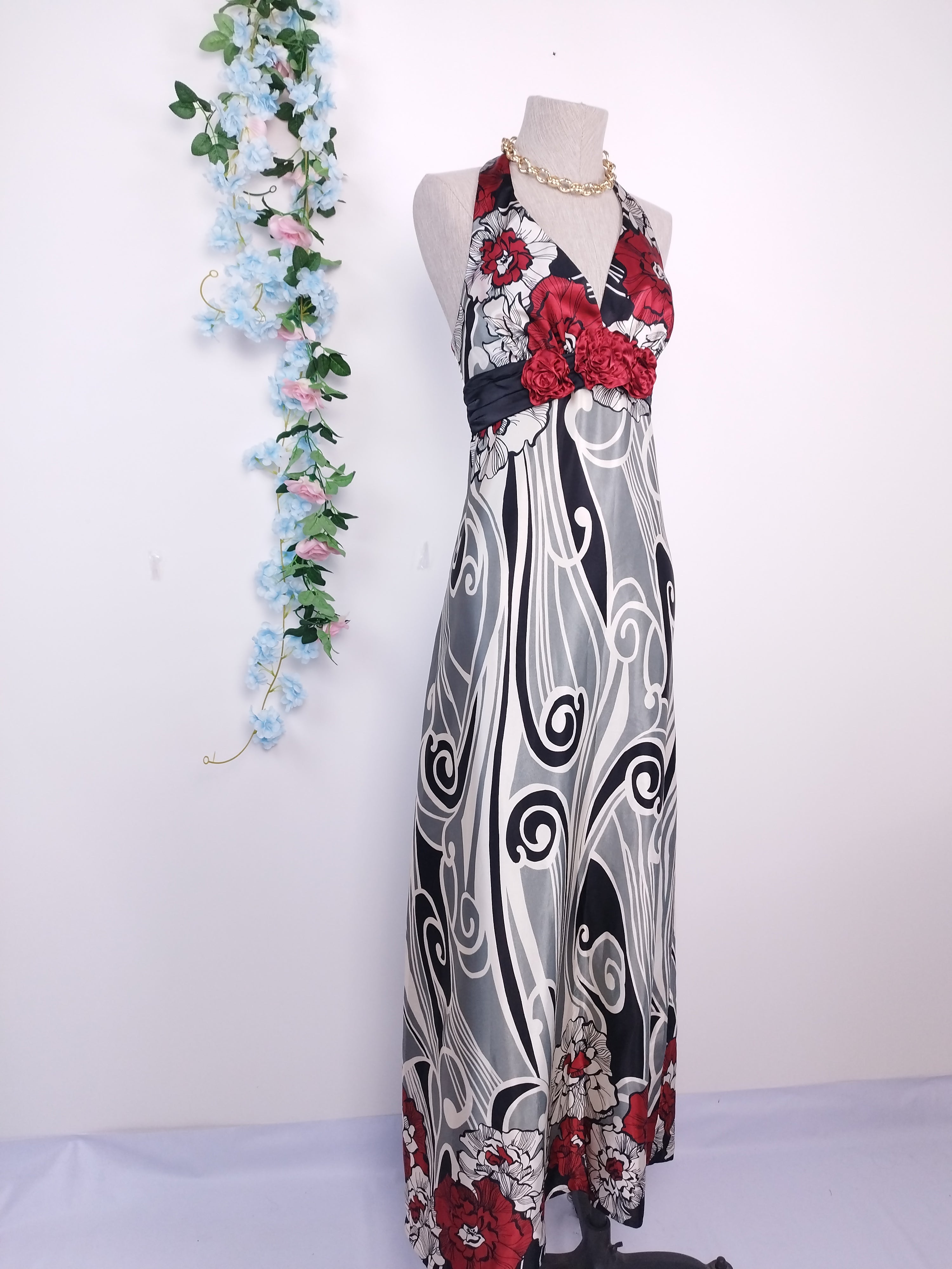 Vintage 2000s Y2K Maxi Dress — V-Neck, Rose Detail & Satin Print