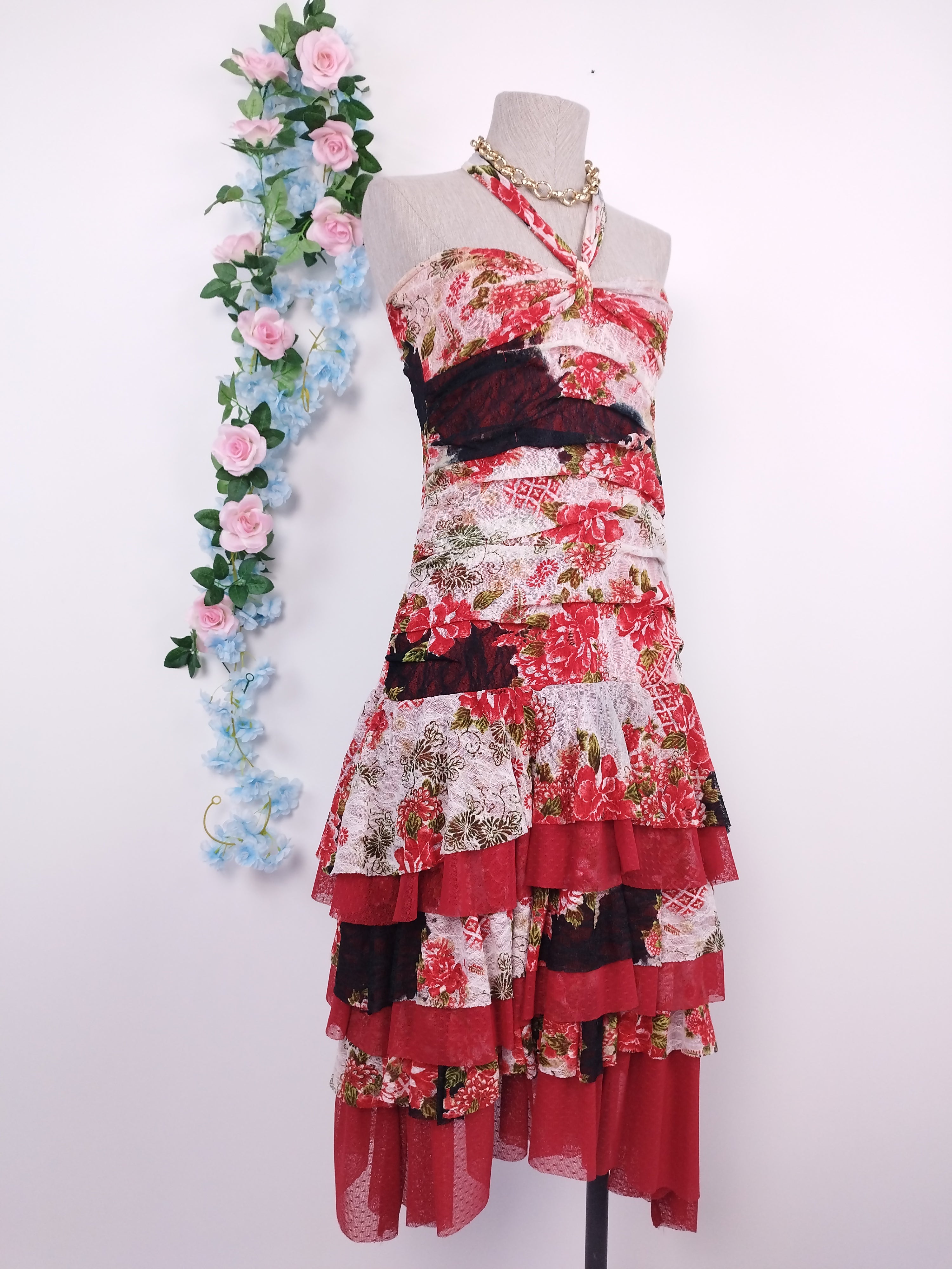 Vintage 2000s Y2K Lace Dress — Halter Neck, Rose Print & Asymmetric Ruffles