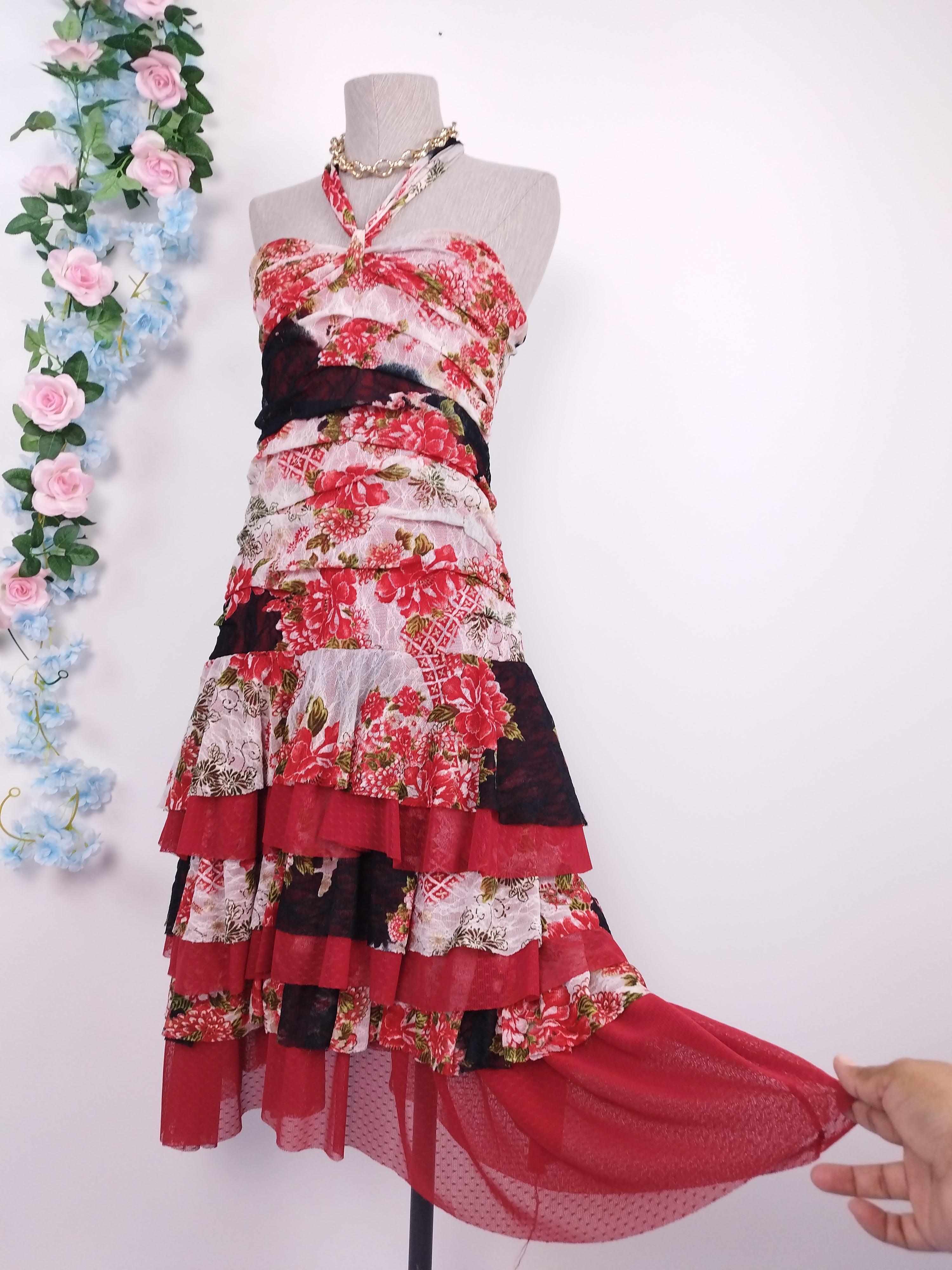 Vintage 2000s Y2K Lace Dress — Halter Neck, Rose Print & Asymmetric Ruffles
