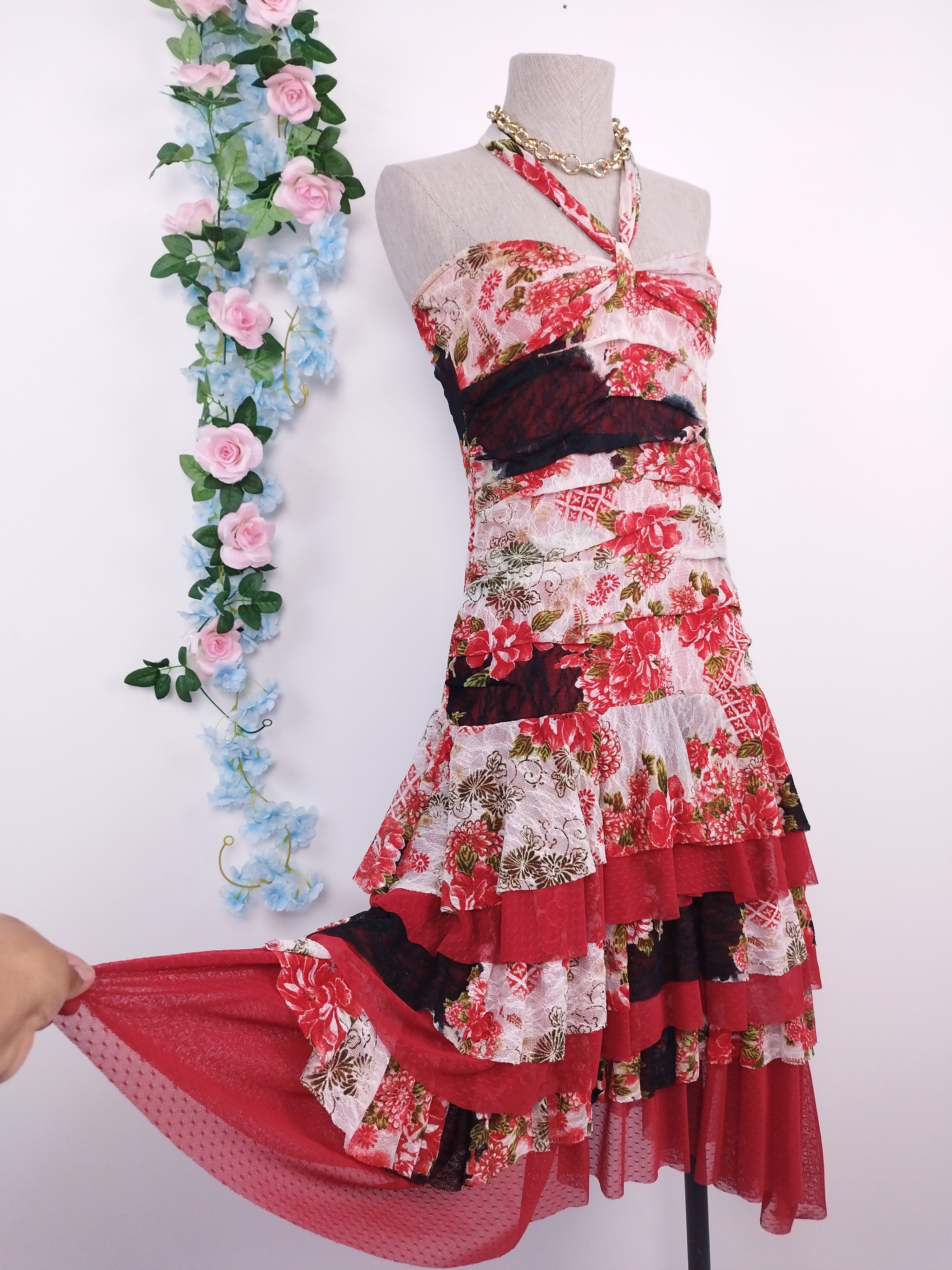 Vintage 2000s Y2K Lace Dress — Halter Neck, Rose Print & Asymmetric Ruffles