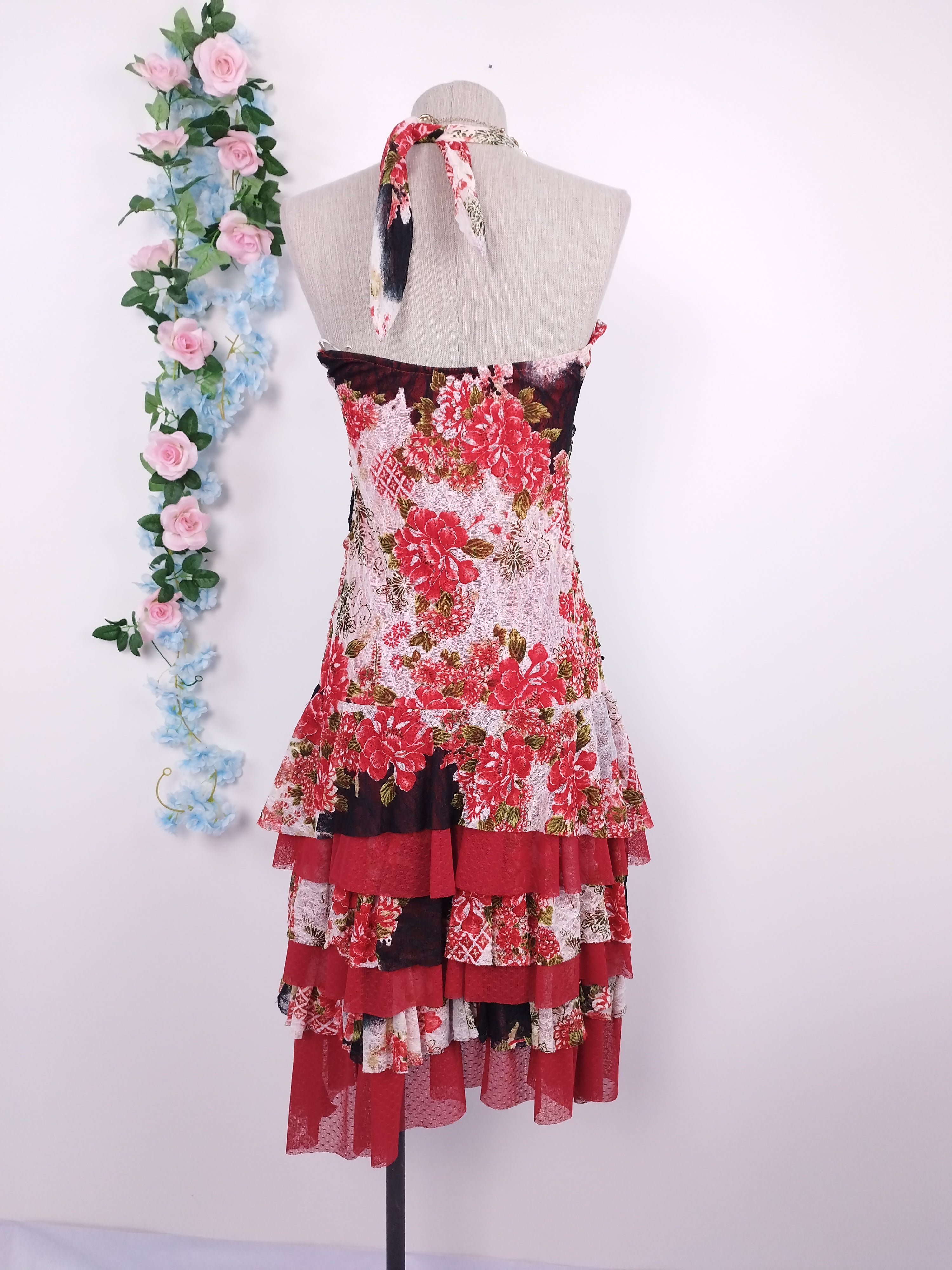 Vintage 2000s Y2K Lace Dress — Halter Neck, Rose Print & Asymmetric Ruffles